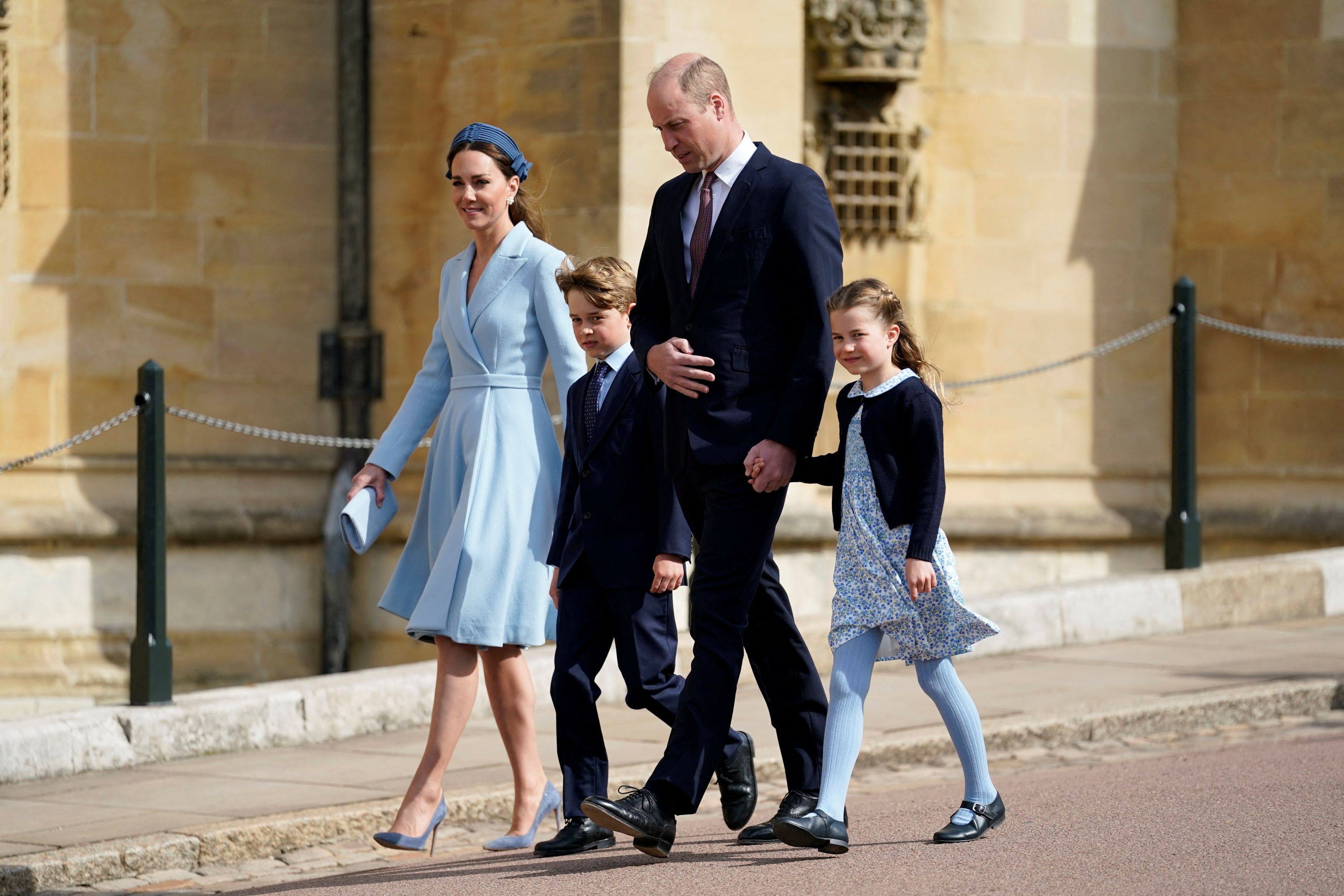 Britain’s Prince William and Catherine, Duchess of Cambridge, walk with Prince George and Princess Charlotte as they arrive at St George’s Chapel, Windsor Castle, UK on April 17. Photo: Reuters