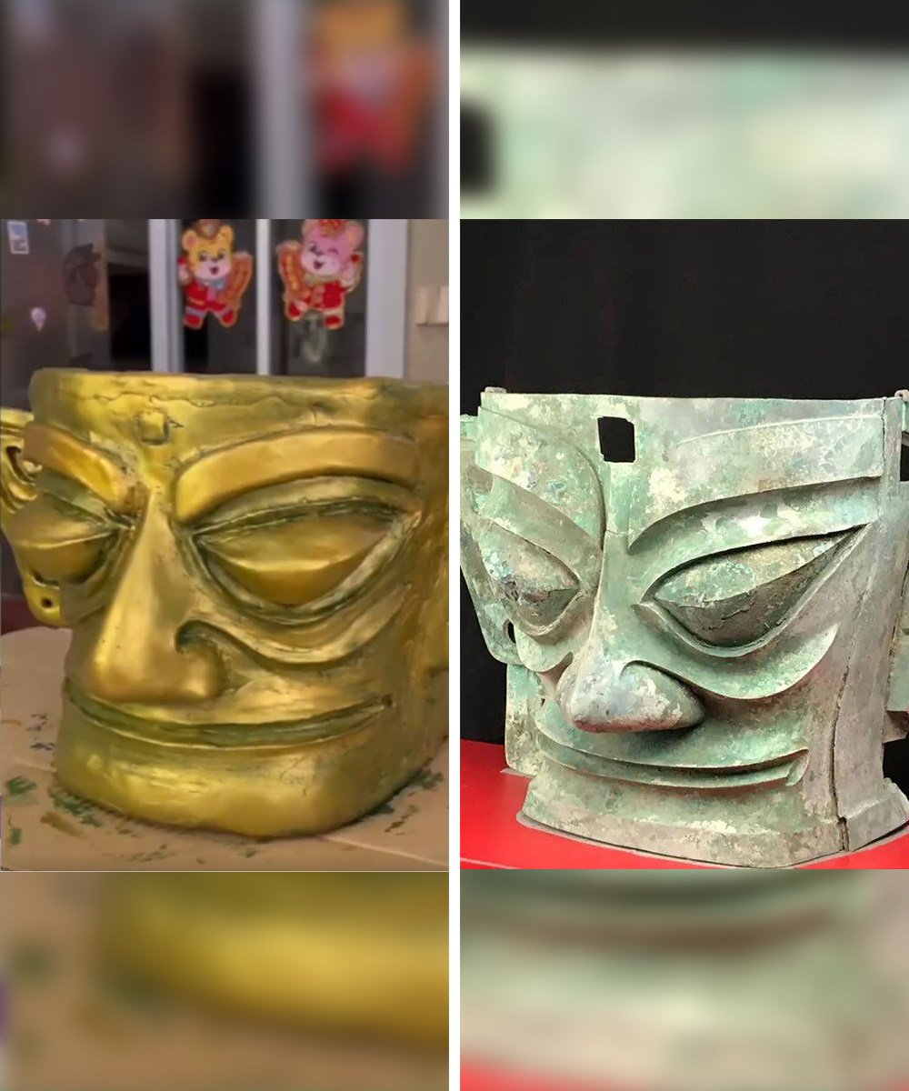 The replica of a mask made by a father and his daughter (left) compared with the original (right). Photo: Handout