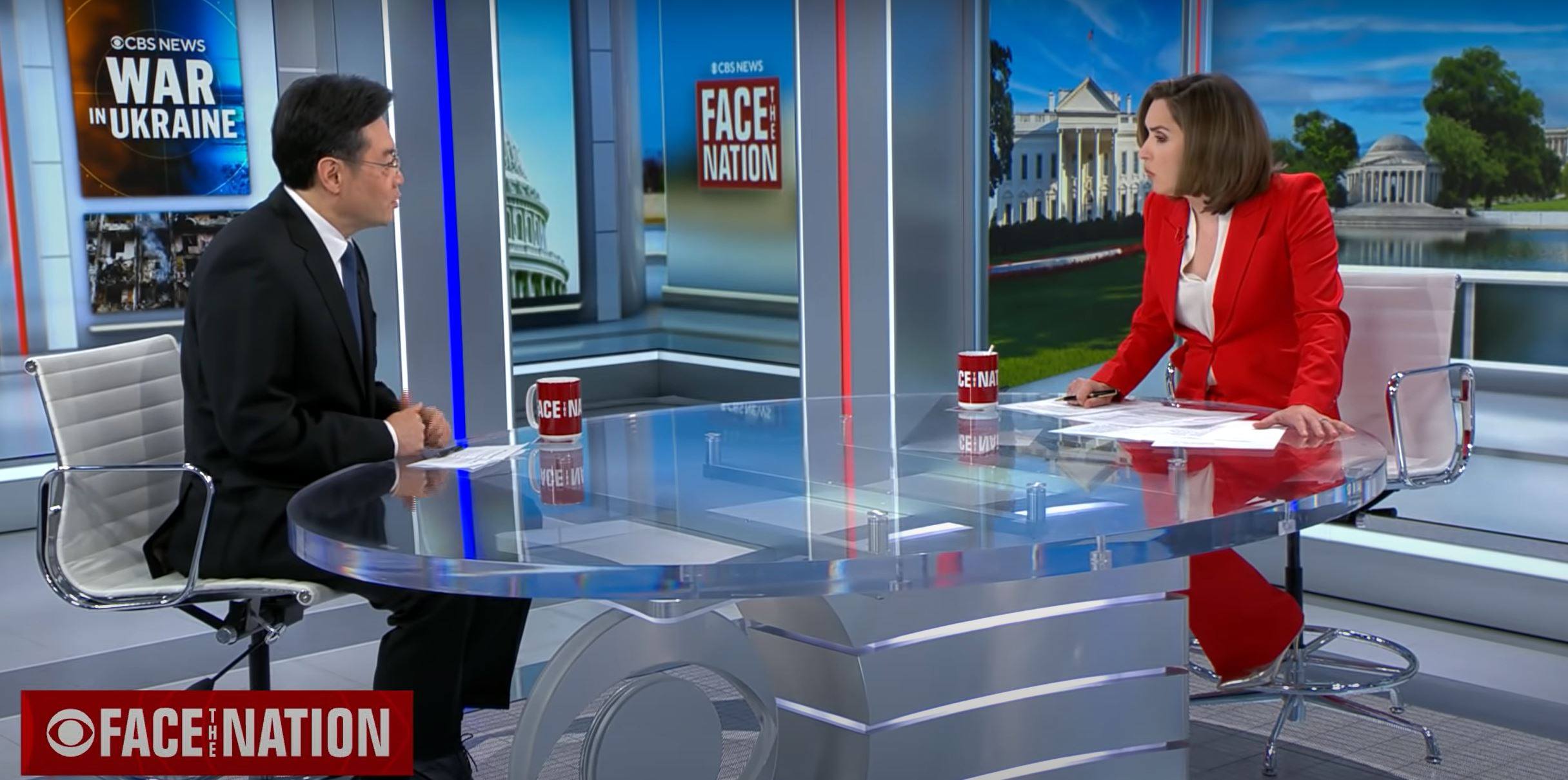 Qin Gang (left), China’s ambassador to the United States, speaks with host Margaret Brennan during the Face the Nation programme on CBS on March 20. Photo: YouTube
