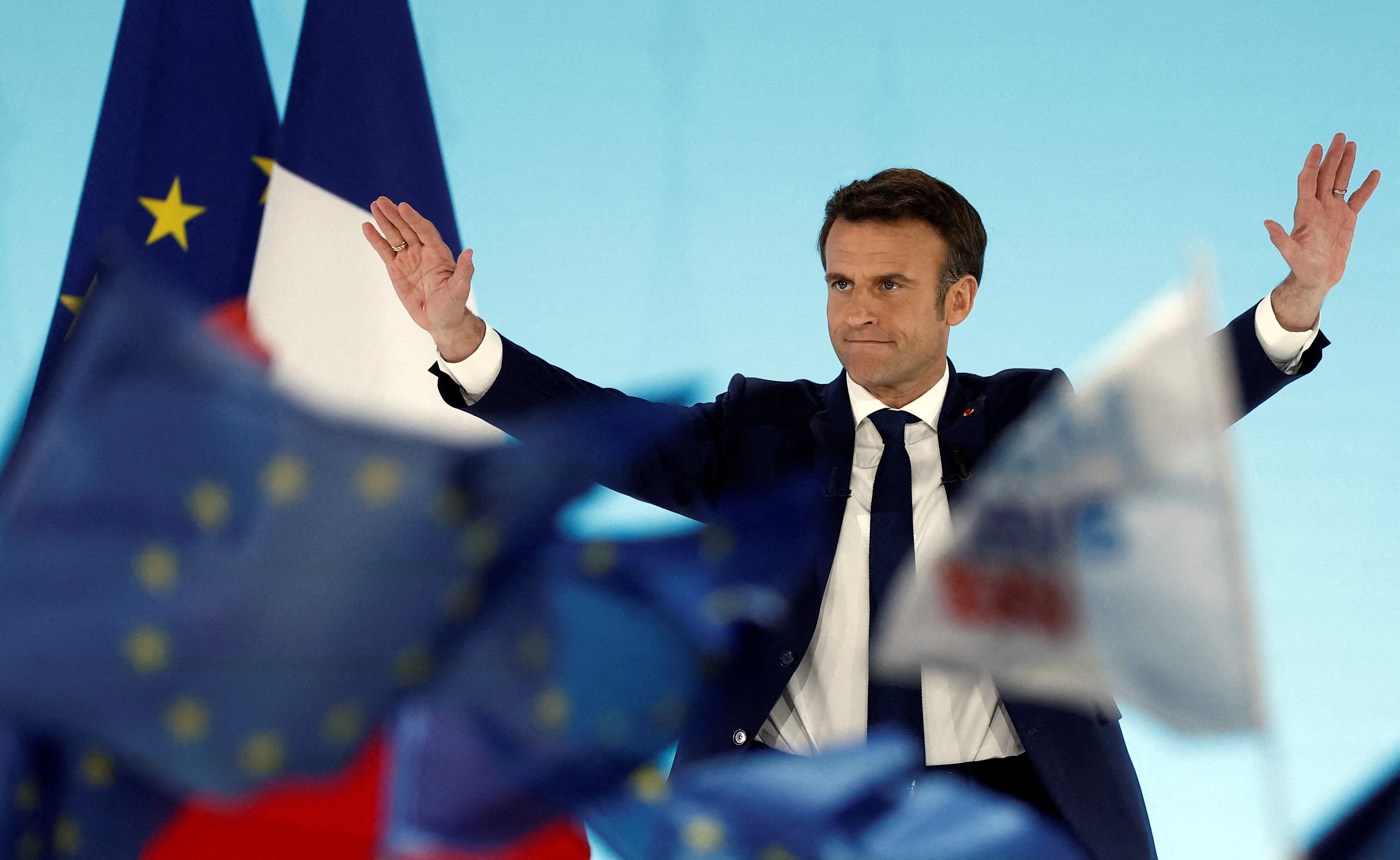 French President Emmanuel Macron reacts after partial results in the first round of the 2022 French presidential election in Paris on April 10. Macron has been a strong proponent of European sovereignty. Photo: Reuters 