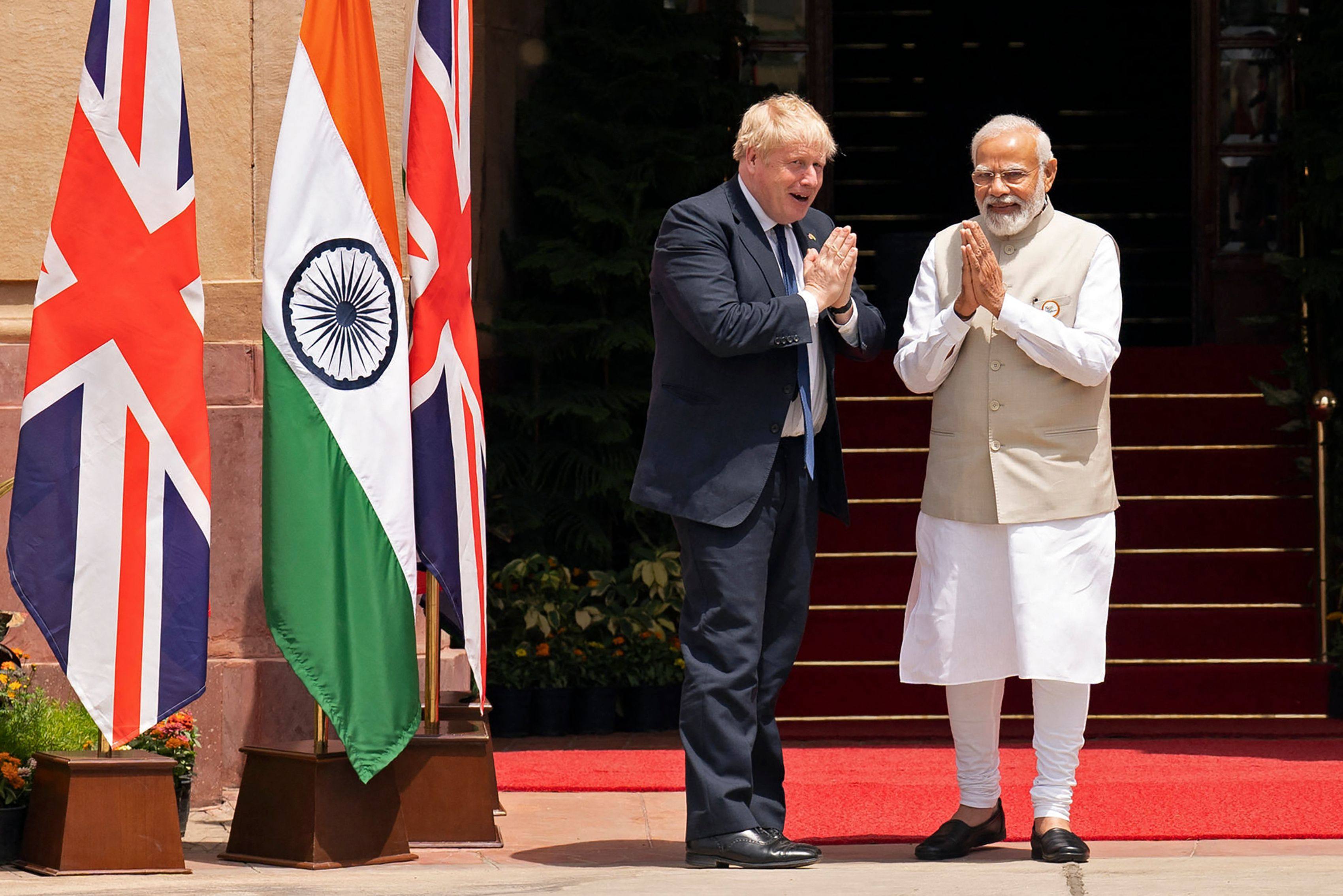 Britain’s PM Boris Johnson and his Indian counterpart Narendra Modi in New Delhi. Photo: AFP 
