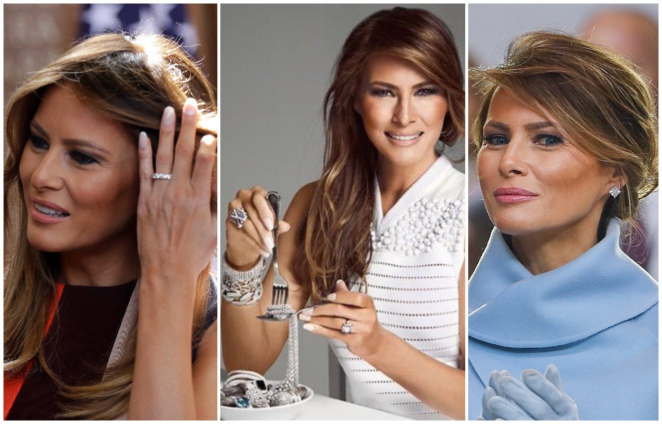 Melania Trump’s jewellery collection is nothing short of extravagant. Photos: Getty Images, @StomptheGOP/Twitter, EPA
