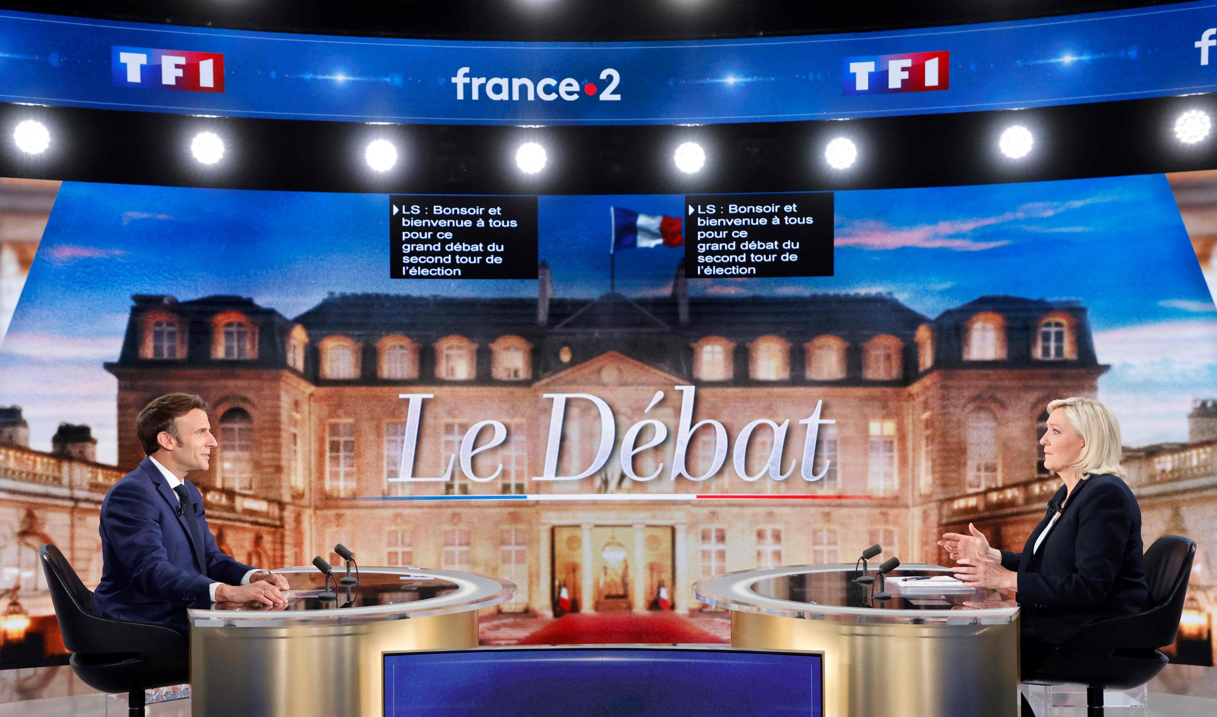 French President Emmanuel Macron and Rassemblement National candidate Marine Le Pen get ready for the start of a televised debate on French TV, in Saint-Denis on April 20. France will once again see a run-off presidential election between the centrist Macron and the far-right Le Pen. Photo: DPA