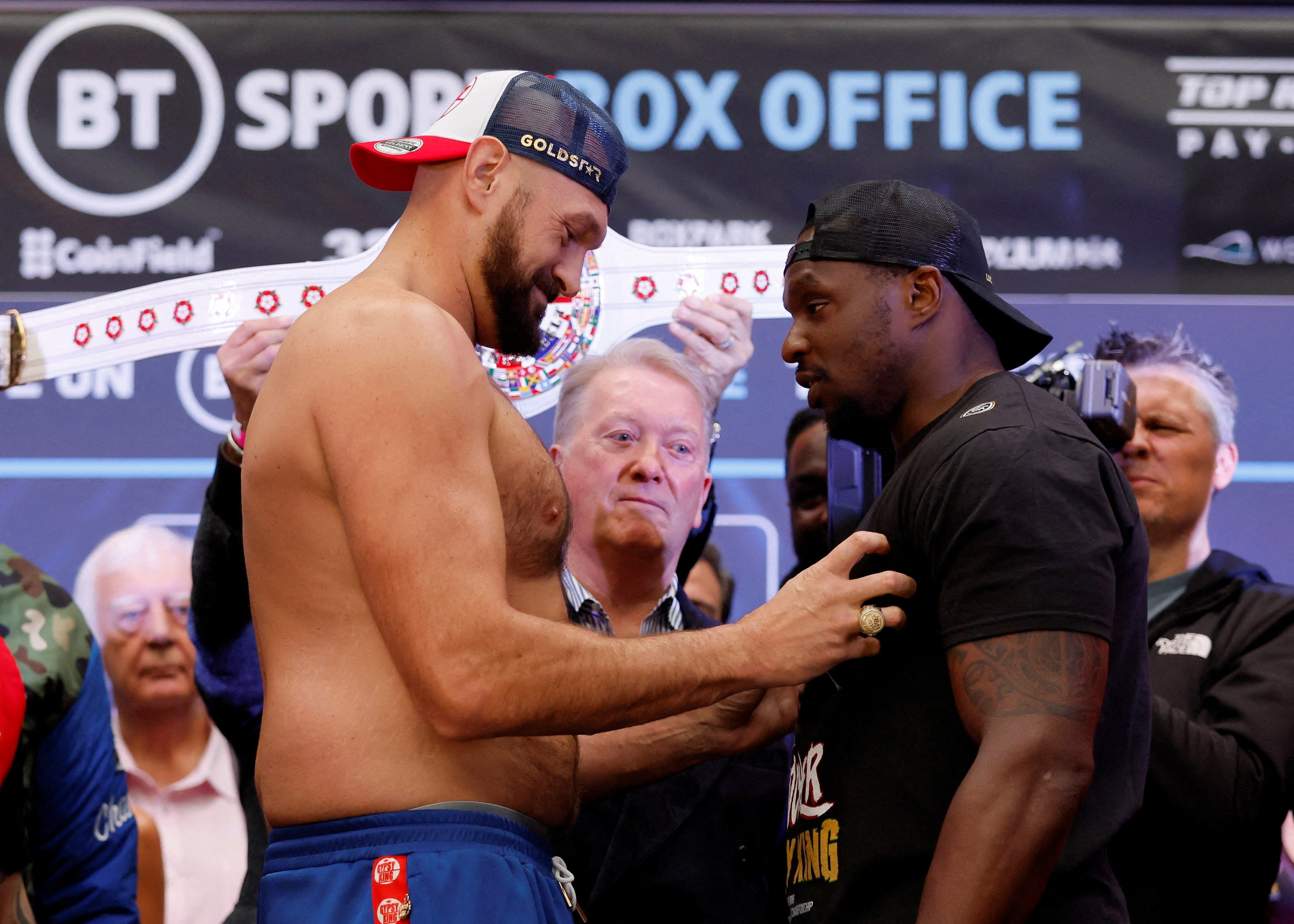 Tyson Fury (left) and Dillian Whyte go head to head during their weigh-in before the clash at Wembley. Photo: Action Images via Reuters