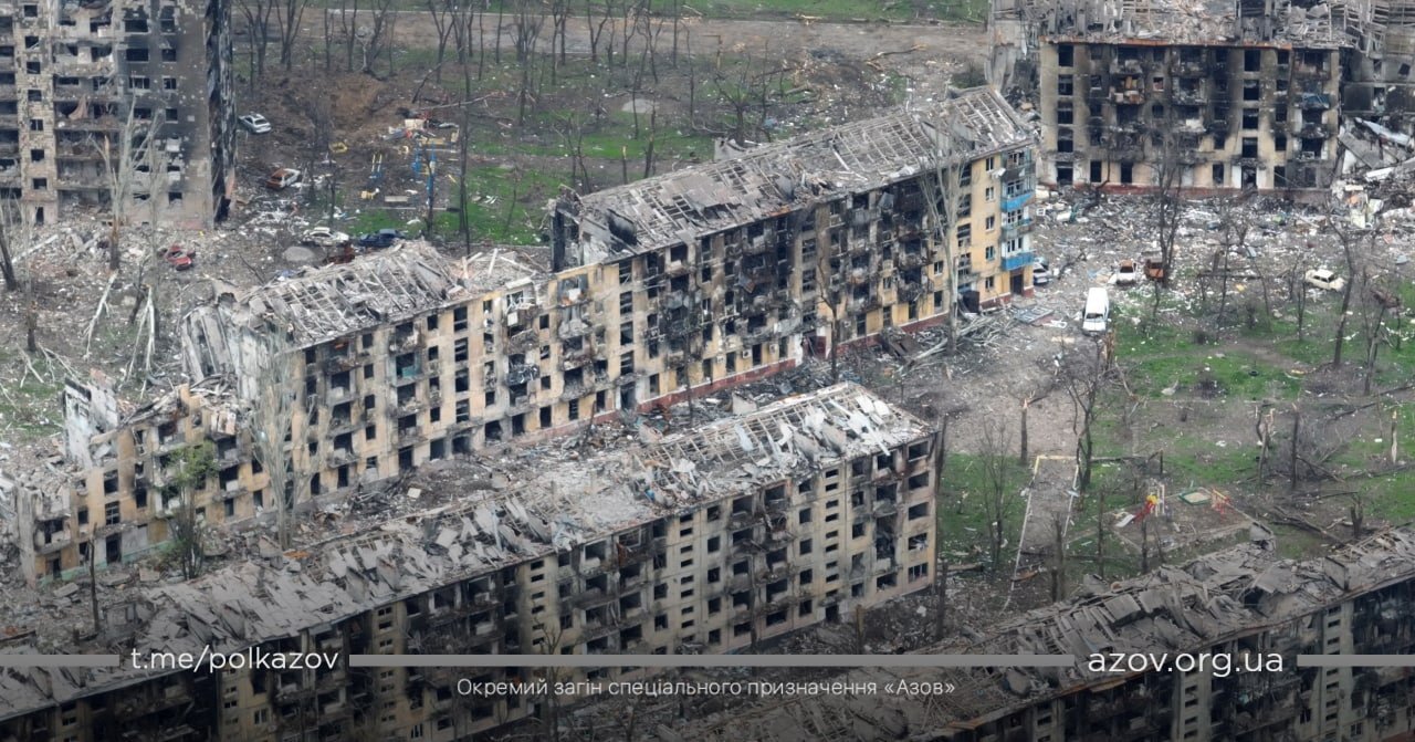A drone image shows damaged buildings in Mariupol. Photo: Azov/Handout via Reuters