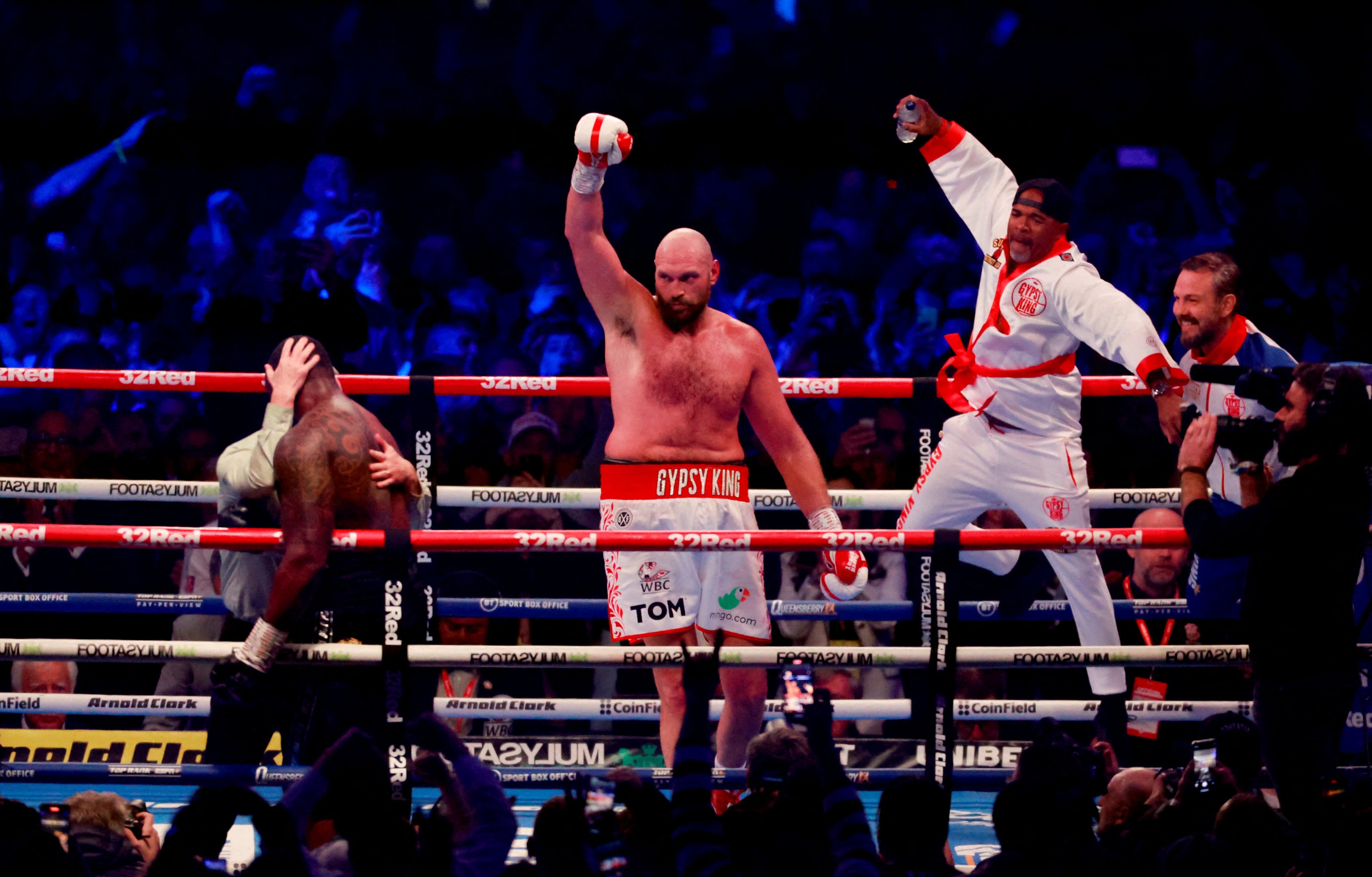 Tyson Fury celebrates after defeating Dillian Whyte in the all-British heavyweight bout at Wembley. Photo: Action Images via Reuters
