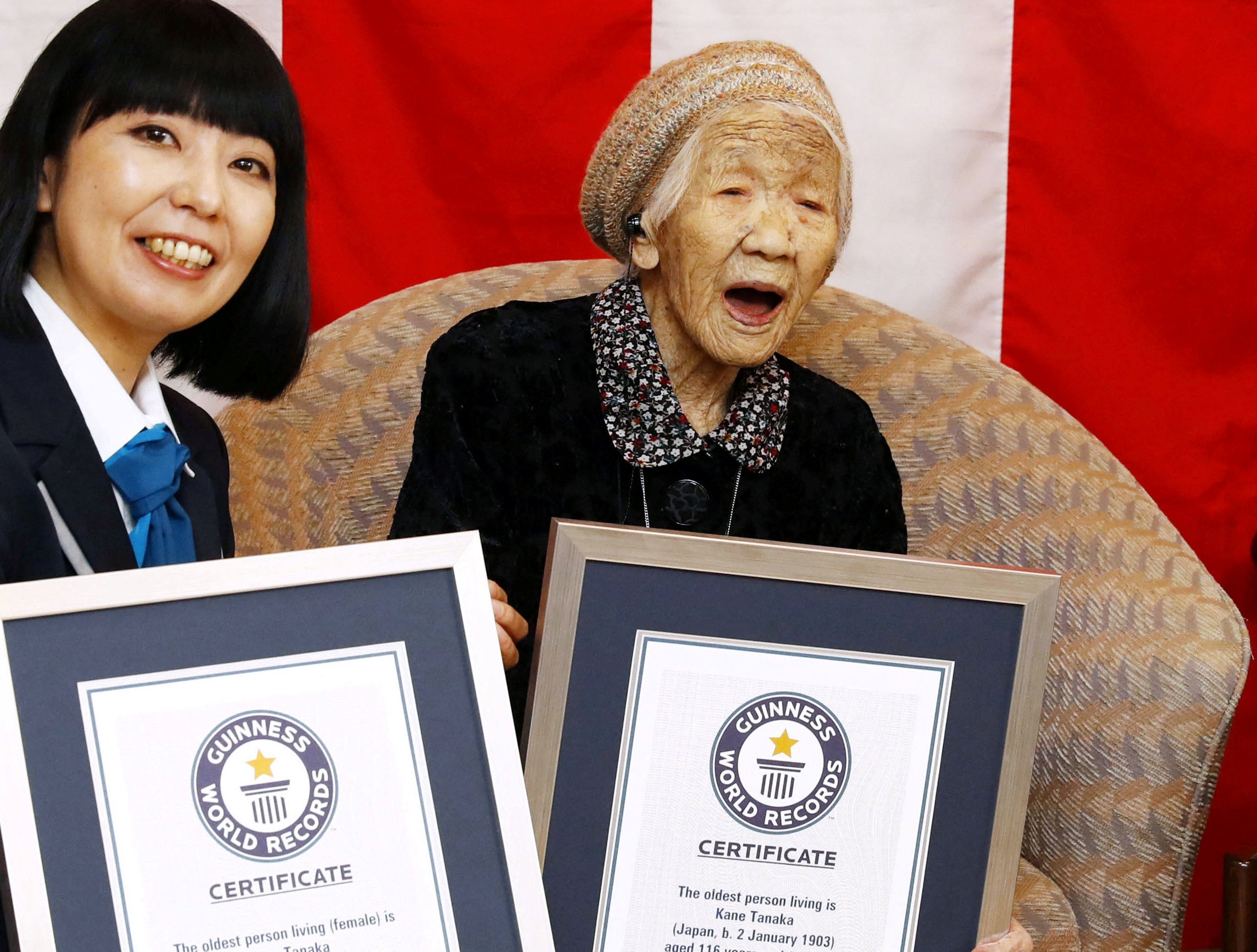 Kane Tanaka celebrates at a ceremony to recognise her as the world’s oldest living person in 2019. Photo: Kyodo via Reuters