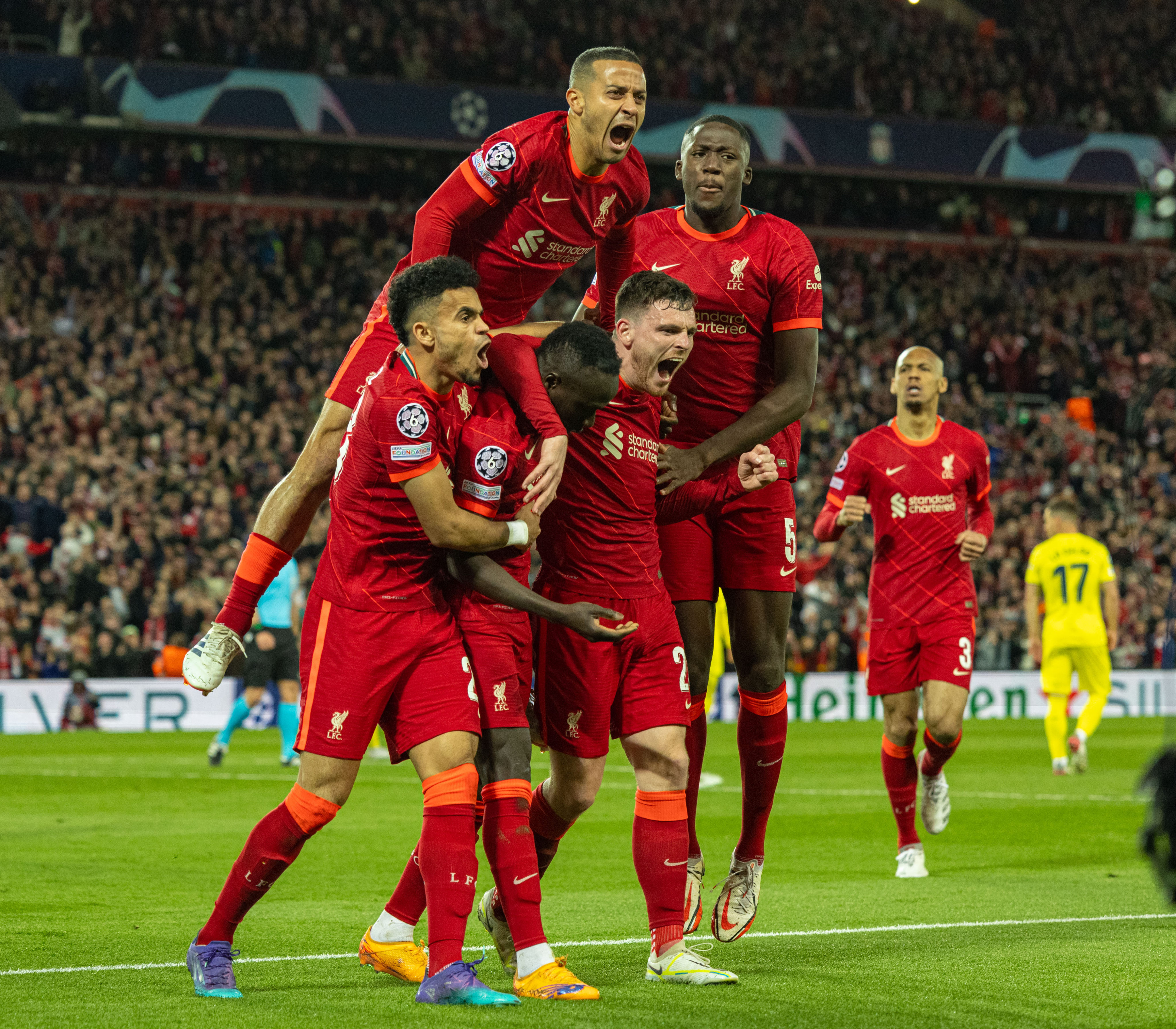 Liverpool’s Sadio Mane (second left) celebrates with his teammates after scoring the second goal during the Champions League semi-final first leg against Villarreal at Anfield. Photo: Xinhua