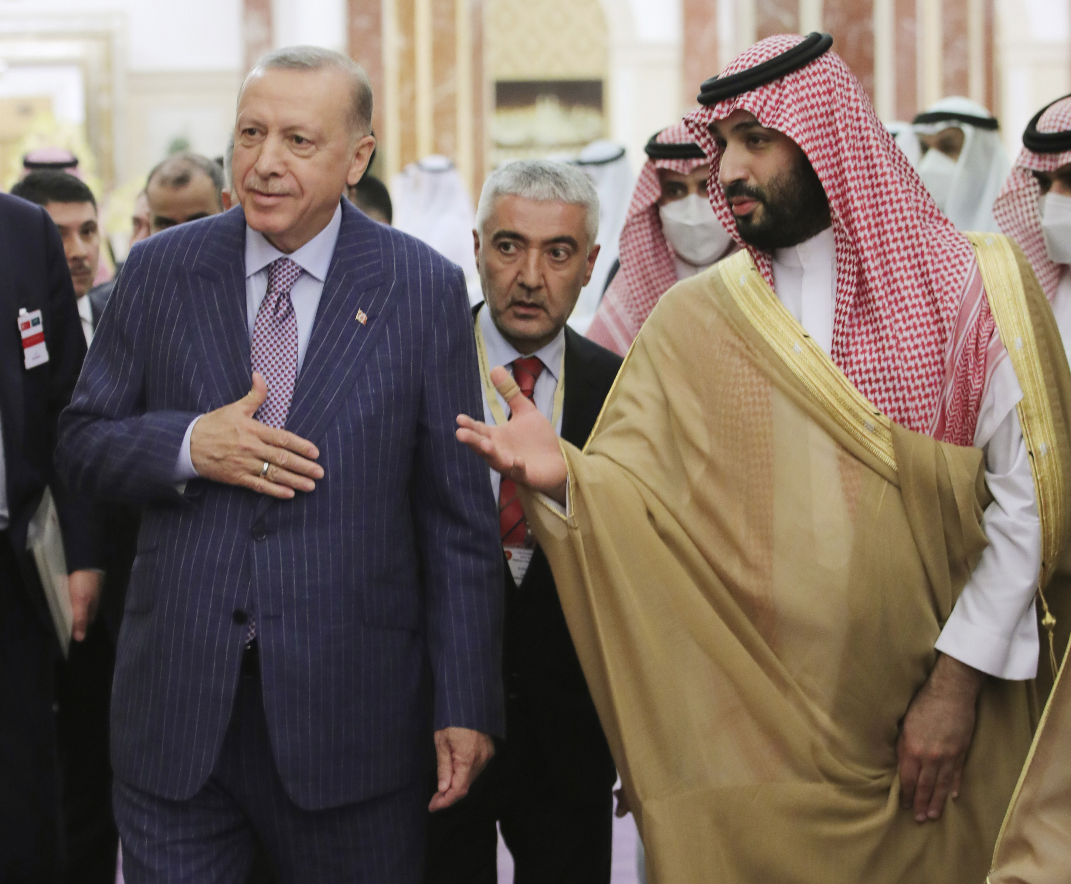 Turkish President Recep Tayyip Erdogan (left) and Saudi Arabia’s Crown Prince Mohammed bin Salman speak before a meeting in Jeddah, Saudi Arabia on Thursday. Photo: Turkish Presidency via AP