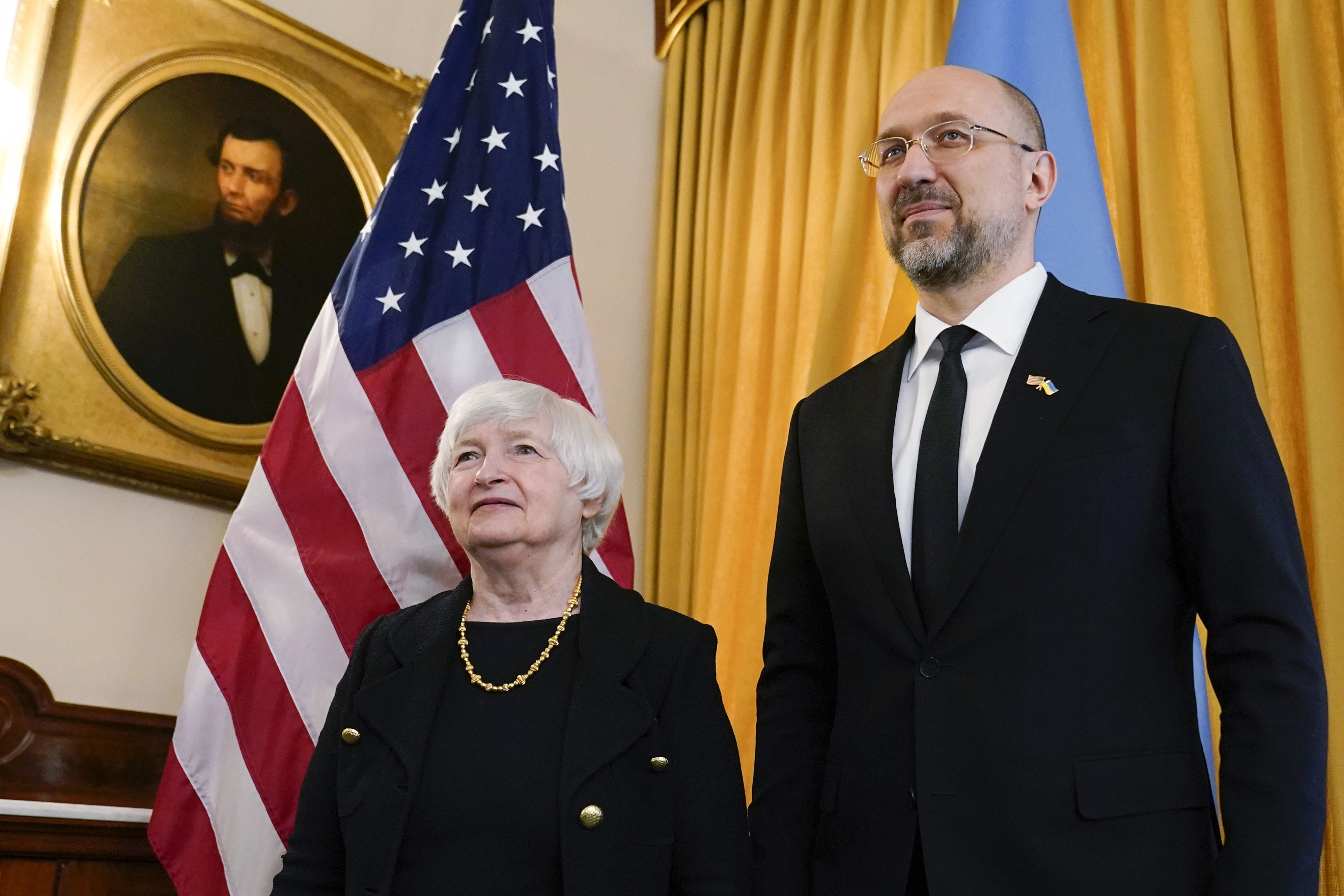 US Treasury Secretary Janet Yellen and Ukrainian Prime Minister Denys Shmyhal meet at the Treasury Department in Washington on April 21. US sanctions on Russia include freezing the country’s foreign exchange reserves. Photo: AP 