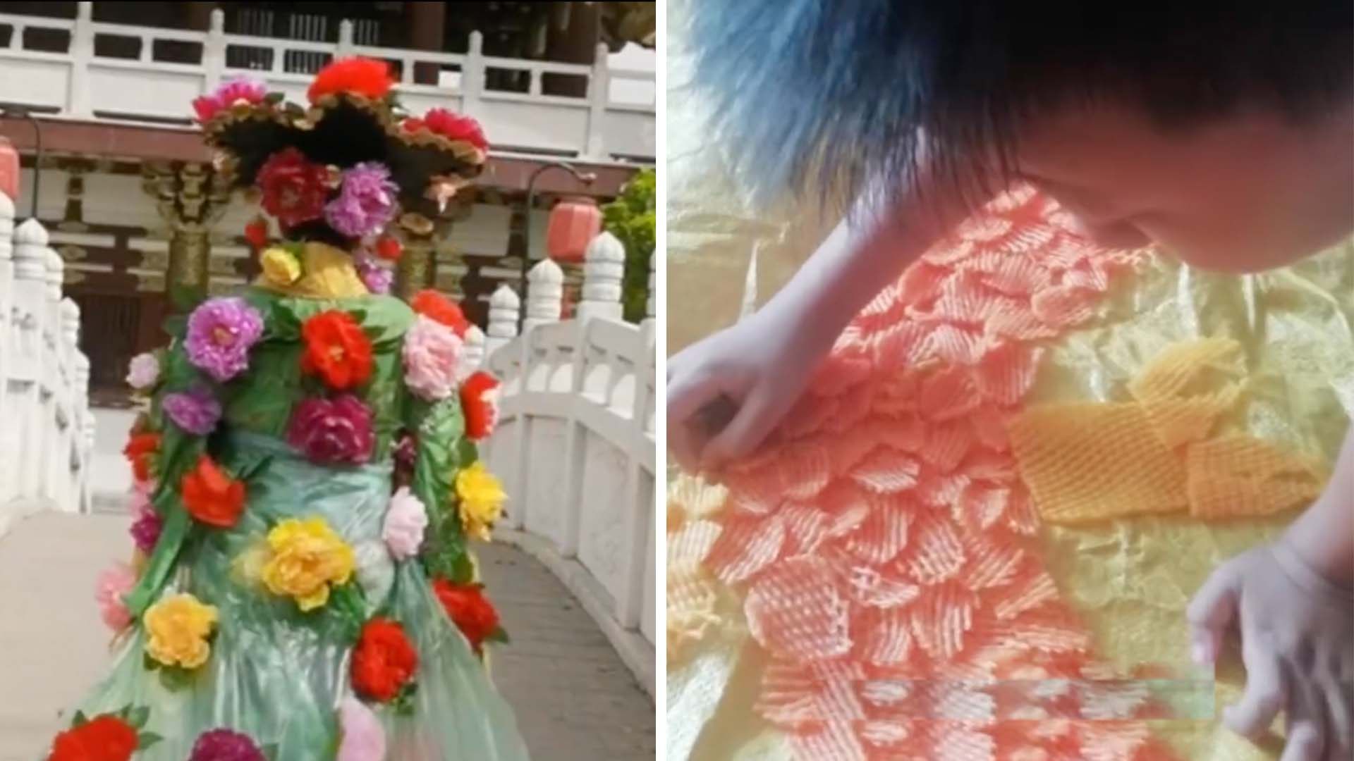 Woman uses plastic bags, leftover fabrics and household scraps to make elaborate Chinese Imperial court dresses. Photo: Handout