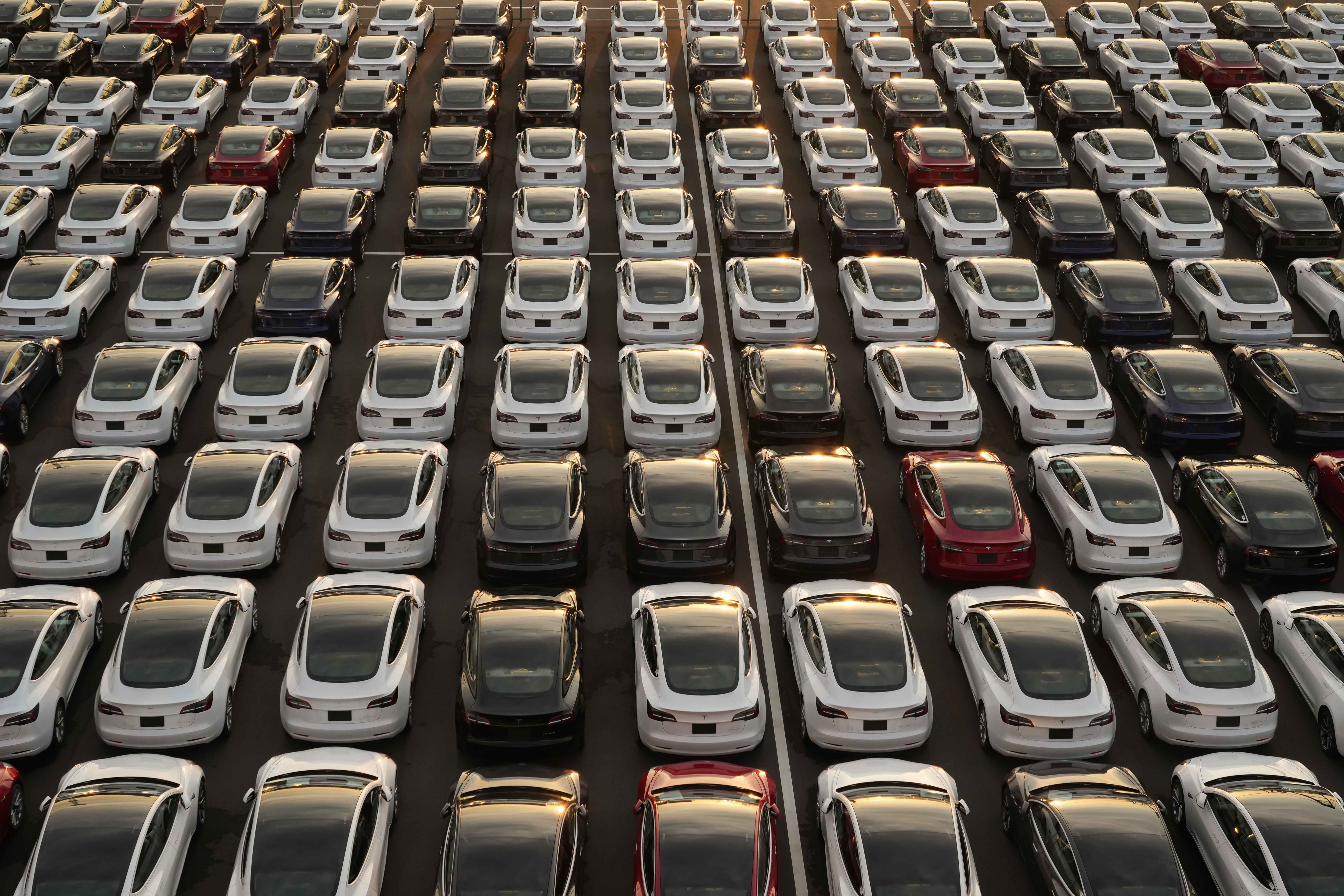 Tesla’s electric vehicles in a parking lot at Yokohama port in Japan on February 14, 2022. Photo: Bloomberg