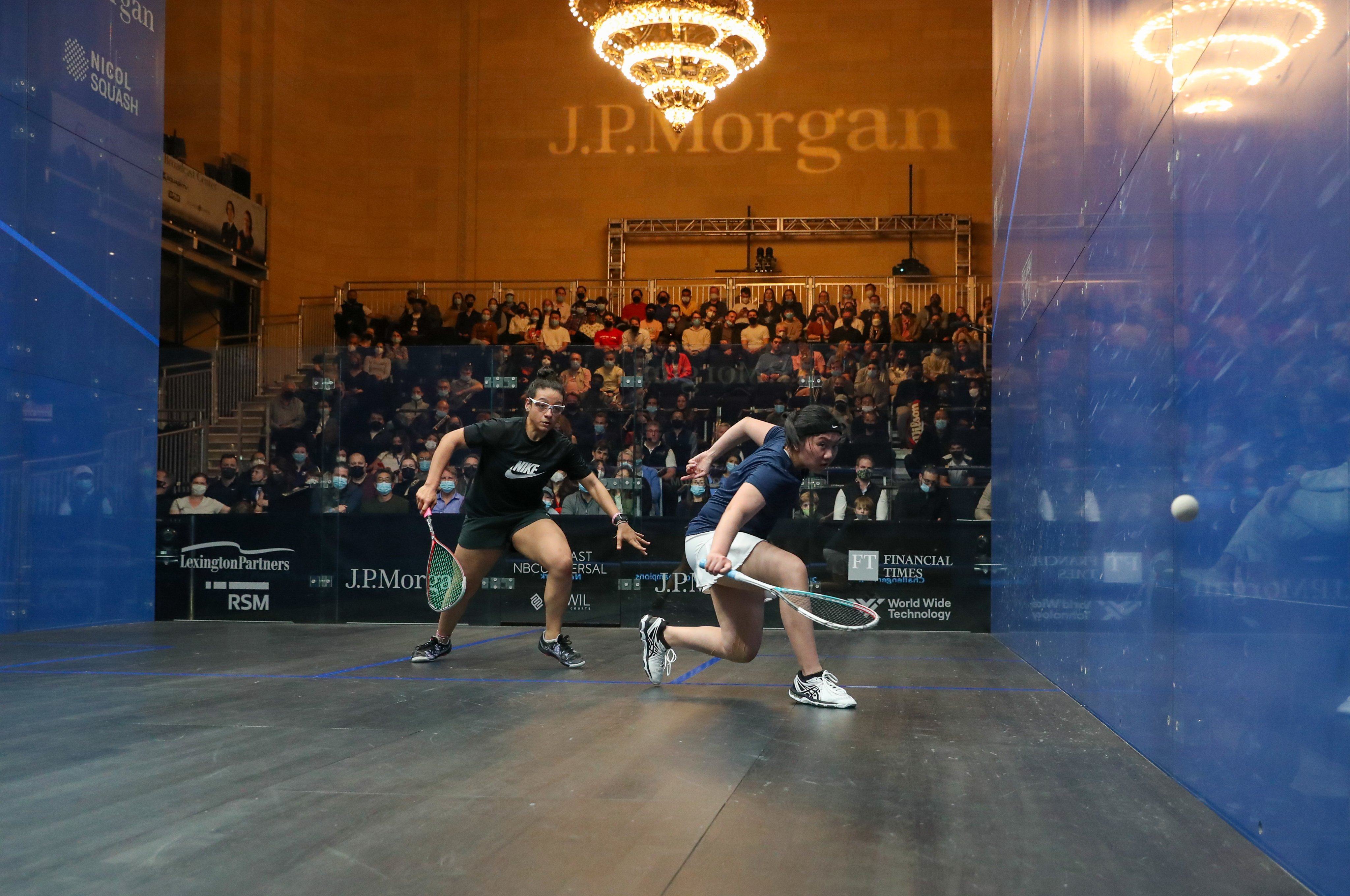 Chan Sin-yuk (right) plays against Egypt’s Kenzy Ayman in the Tournament of Champions Challenger final in New York. Photo: Professional Squash Association

