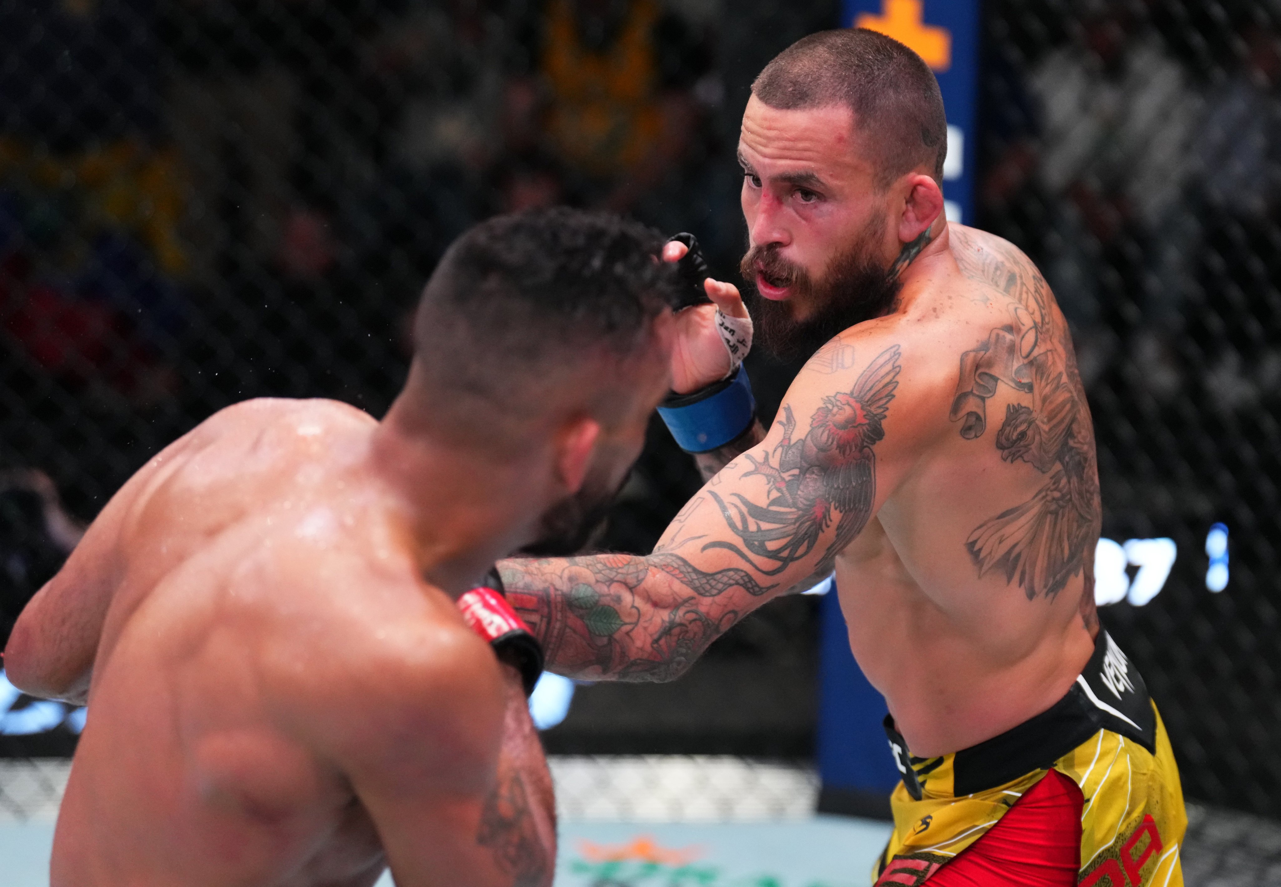 Marlon Vera (right) punches Rob Font in a bantamweight fight during the UFC Fight Night event at UFC Apex on April 30, 2022 in Las Vegas, Nevada. Photo: Chris Unger/Zuffa LLC