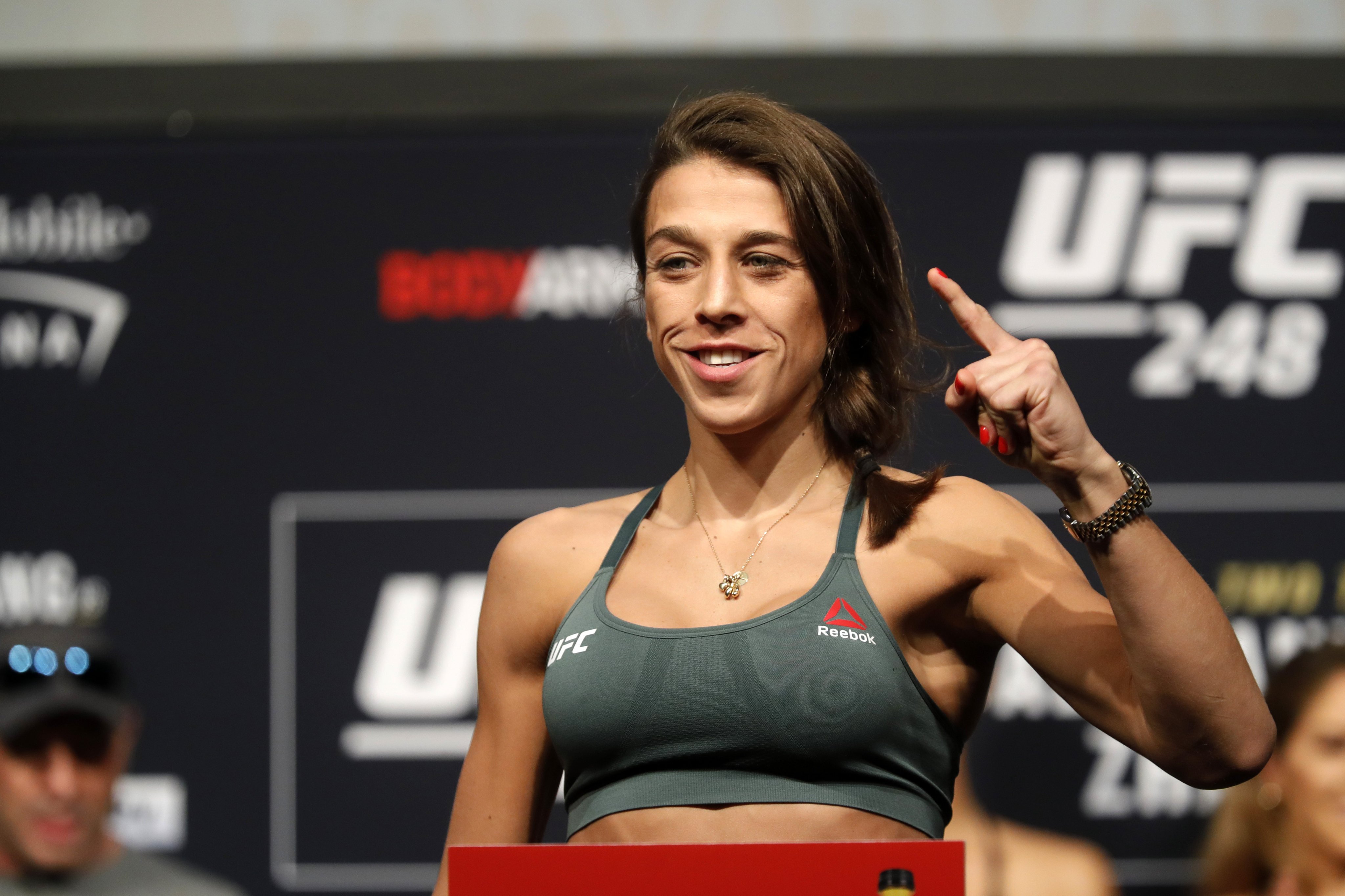 Former UFC women’s strawweight champion Joanna Jedrzejczyk of Poland poses on the scale during a ceremonial weigh-in for UFC 248 in March of 2020, in Las Vegas. Photo: Steve Marcus/Las Vegas Sun via AP)
