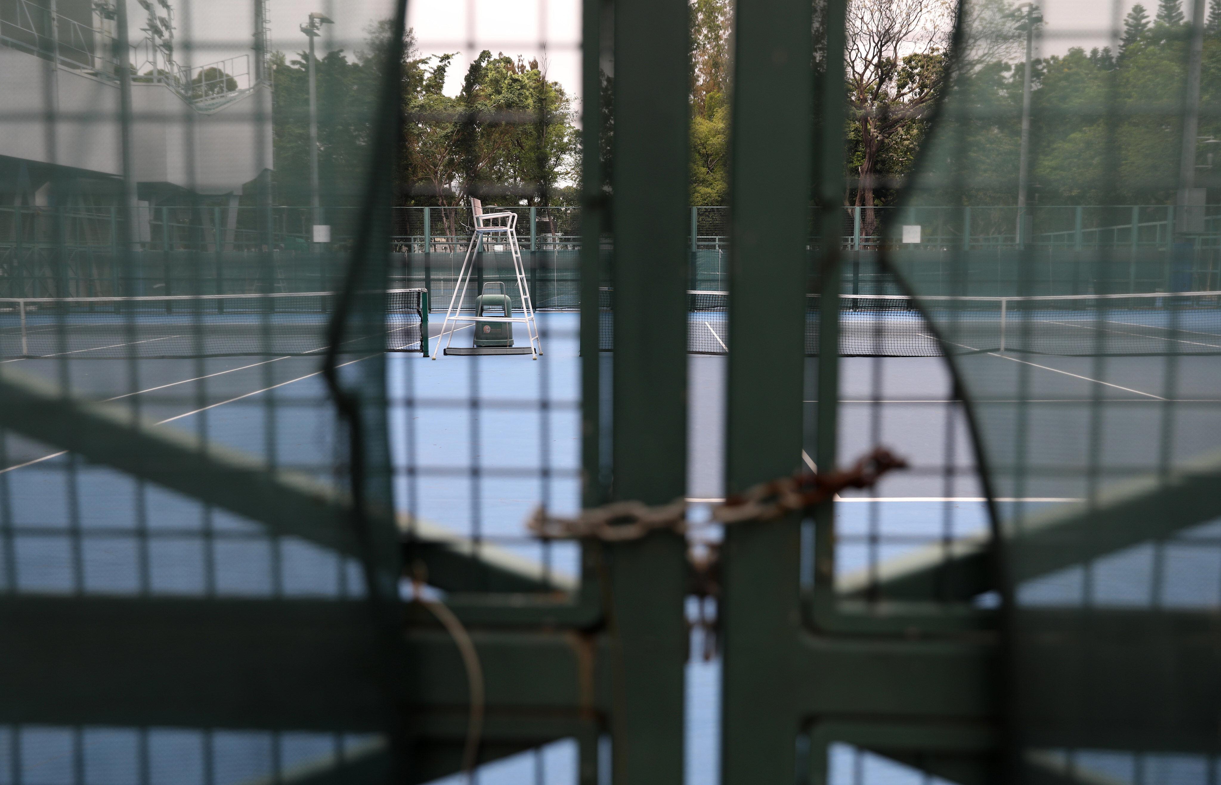 A tennis court is locked at Victoria Park in Causeway Bay amid the coronavirus outbreak in April 2020. Photo: Nora Tam