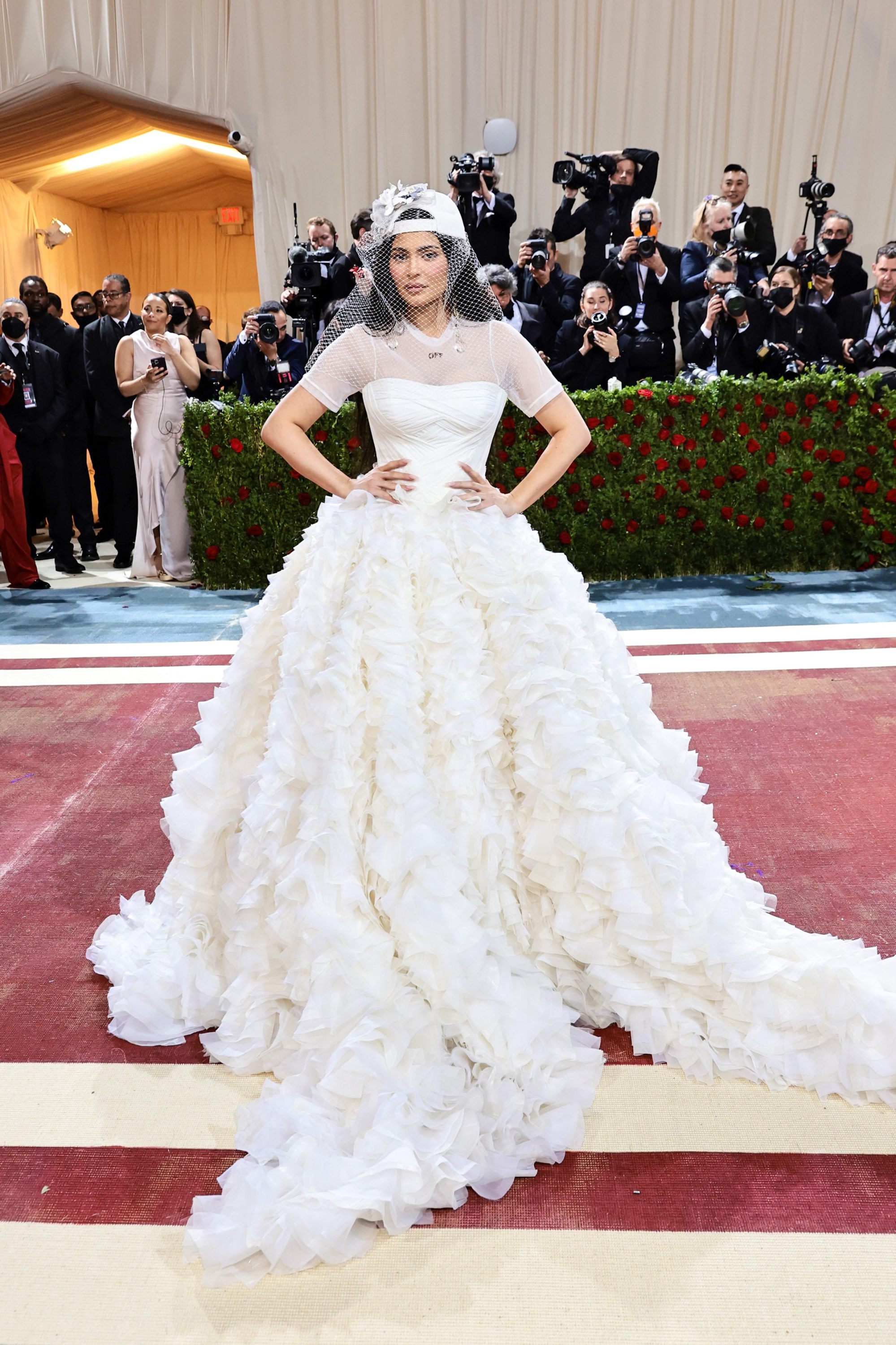 Kylie Jenner wore a ruffled white dress for her red carpet appearance. Photo: Getty Images/AFP