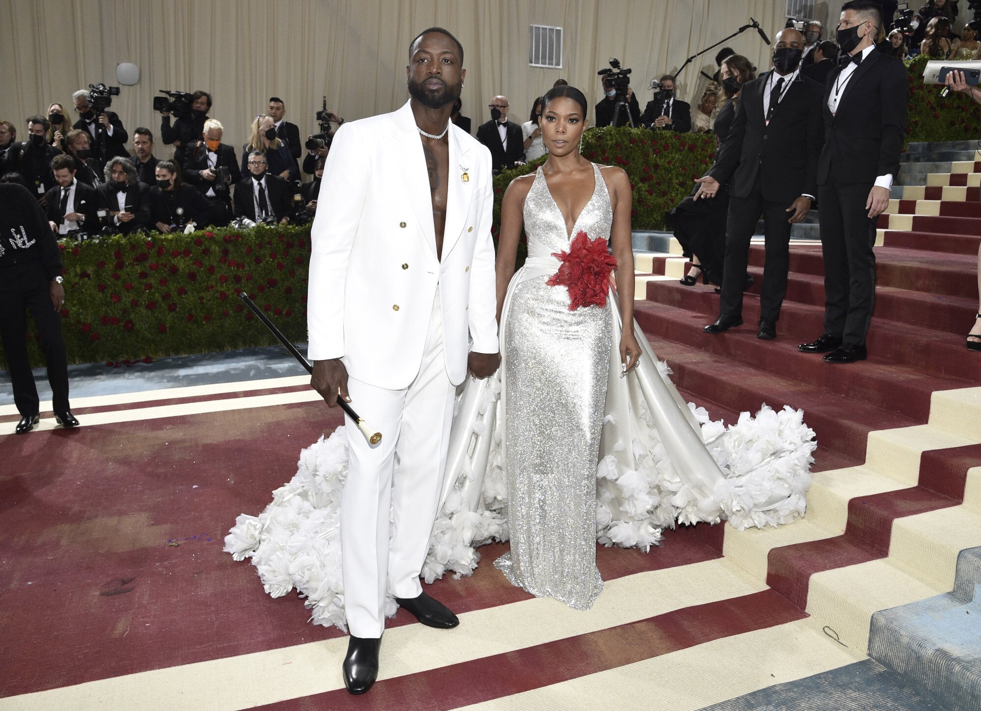 Dwyane Wade and his wife Gabrielle Union-Wade both wore Atelier Versace to The Metropolitan Museum of Art’s Costume Institute benefit gala. Photo: AP
