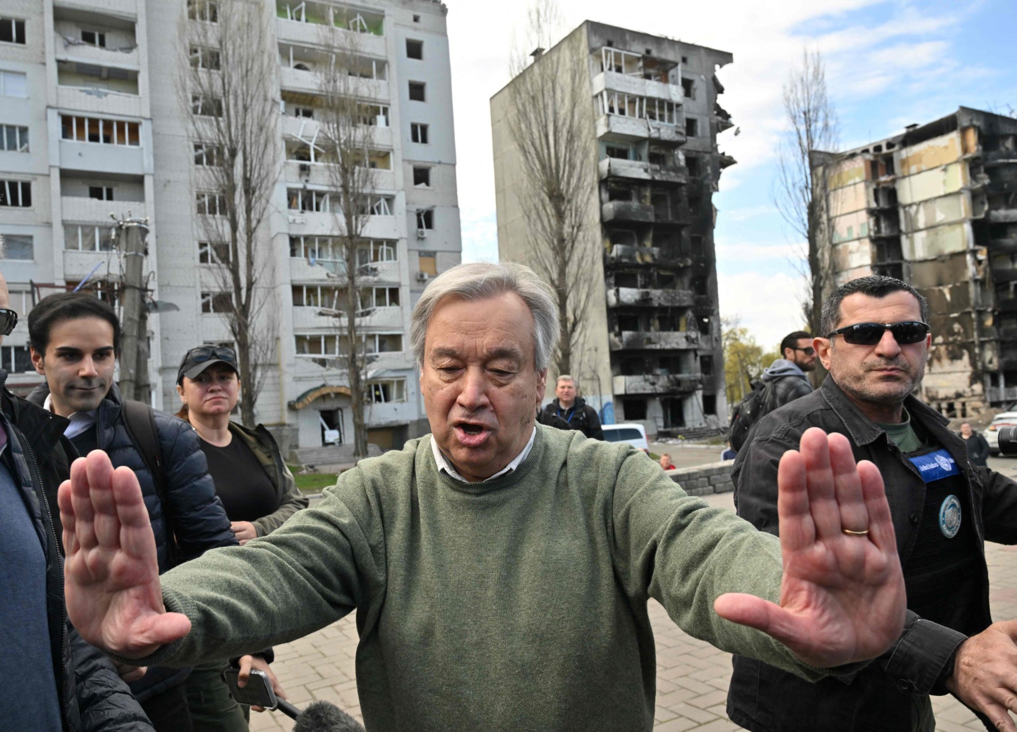 UN Secretary-General Antonio Guterres gestures during his visit to Borodianka, outside Kyiv, on April 28, part of a tour of sites of alleged Russian war crimes in Ukraine. Photo: AFP