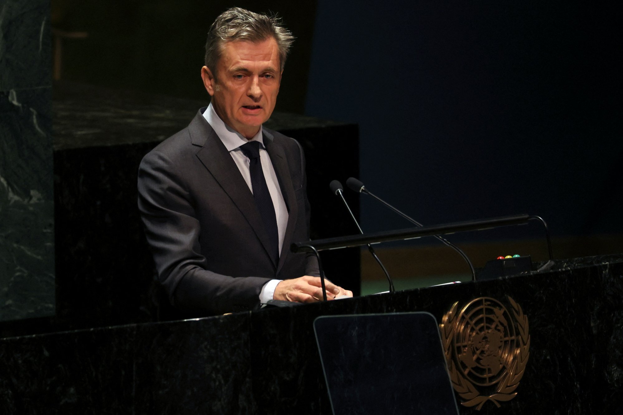 Liechtenstein’s ambassador to the United Nations Christian Wenaweser speaking to the UN General Assembly on April 26 before it passed a resolution requiring the assembly to convene on any issue a Security Council member has vetoed. Photo: Reuters