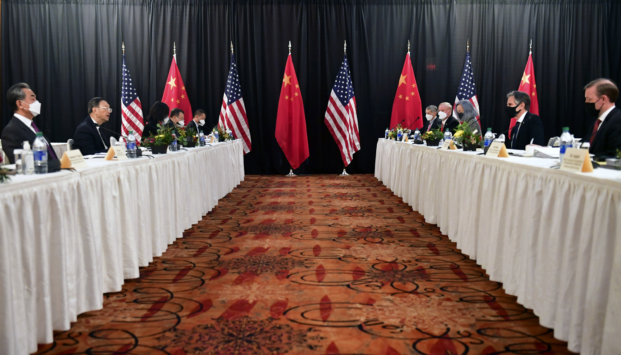 Secretary of State Antony Blinken, second from right, joined by national security adviser Jake Sullivan, right, speaks while facing Chinese Communist Party foreign affairs chief Yang Jiechi, second from left, and China’s State Councilor Wang Yi, left, at the opening session of US-China talks at the Captain Cook Hotel in Anchorage, Alaska in March 2021. Photo: AP