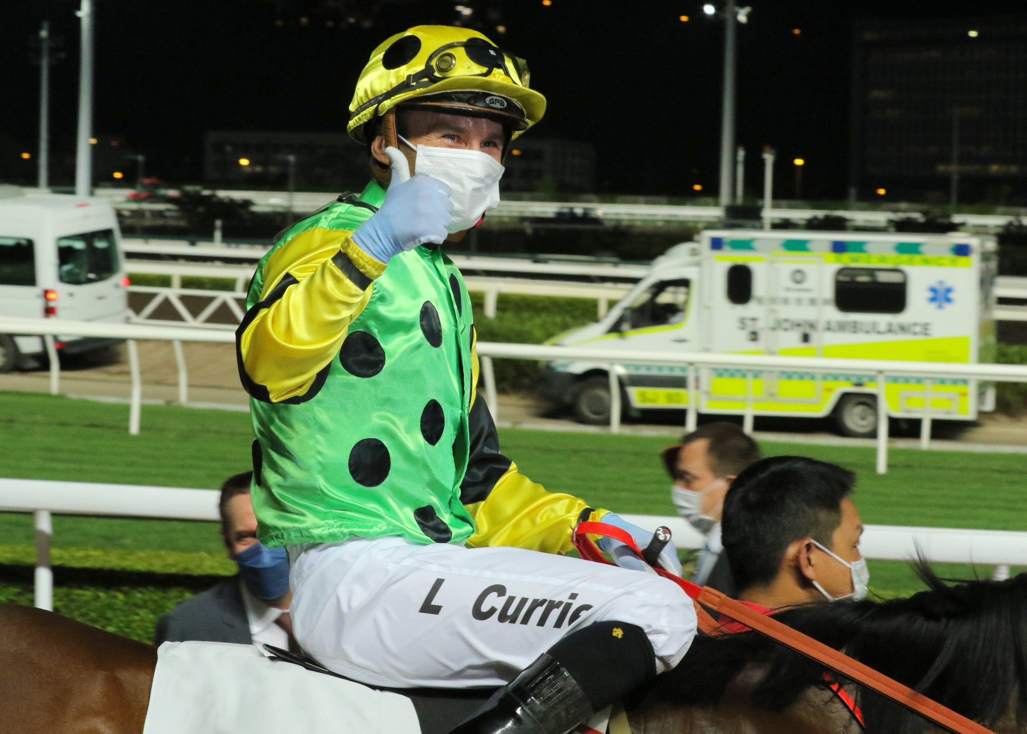 Jockey Luke Currie celebrates a winner on Wednesday night. Jockey Luke Currie celebrates a winner on Wednesday night.