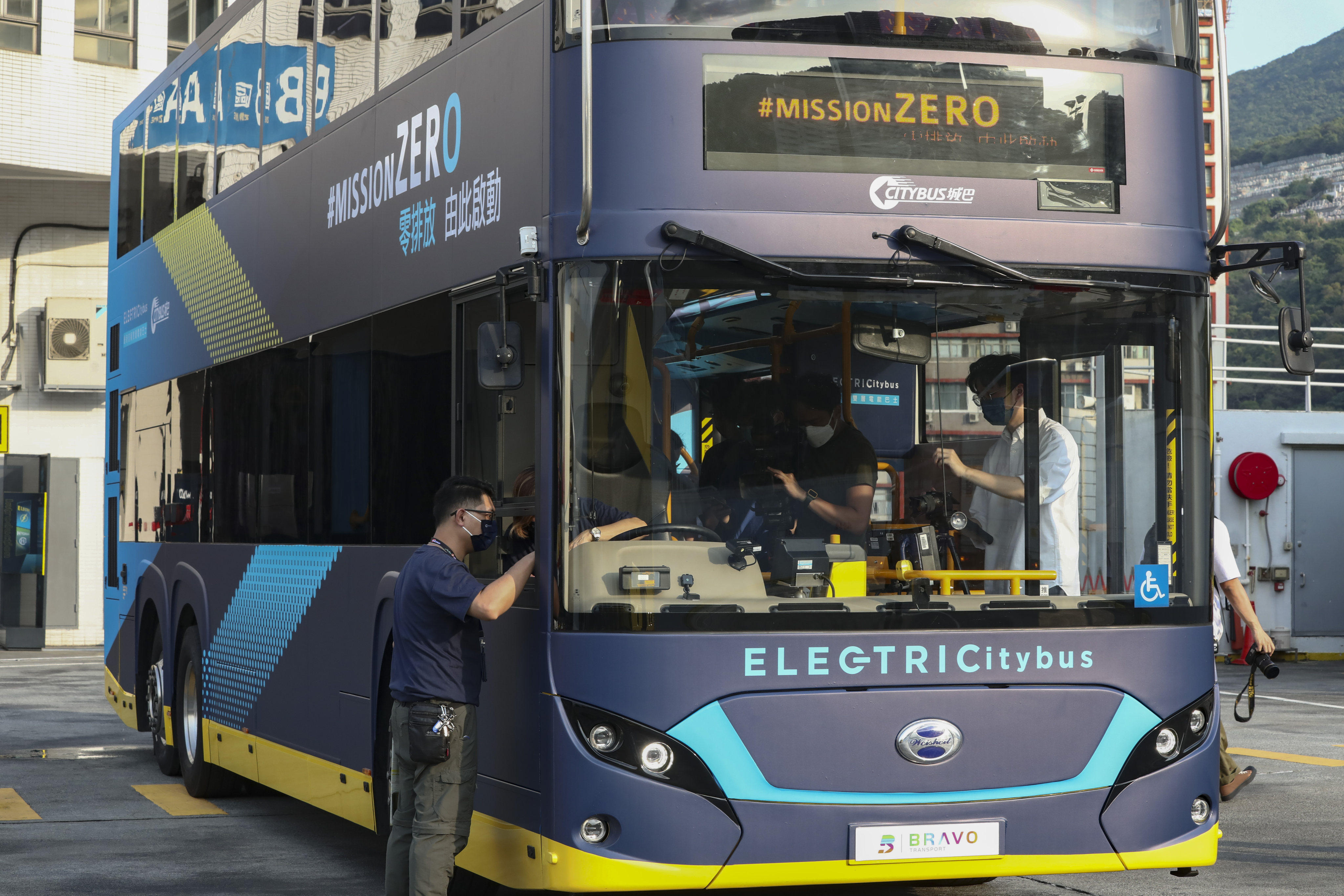 Bravo Transport Services unveils Hong Kong’s first electric double deck bus at the Citybus Chai Wan depot on April 29. Photo: Jonathan Wong