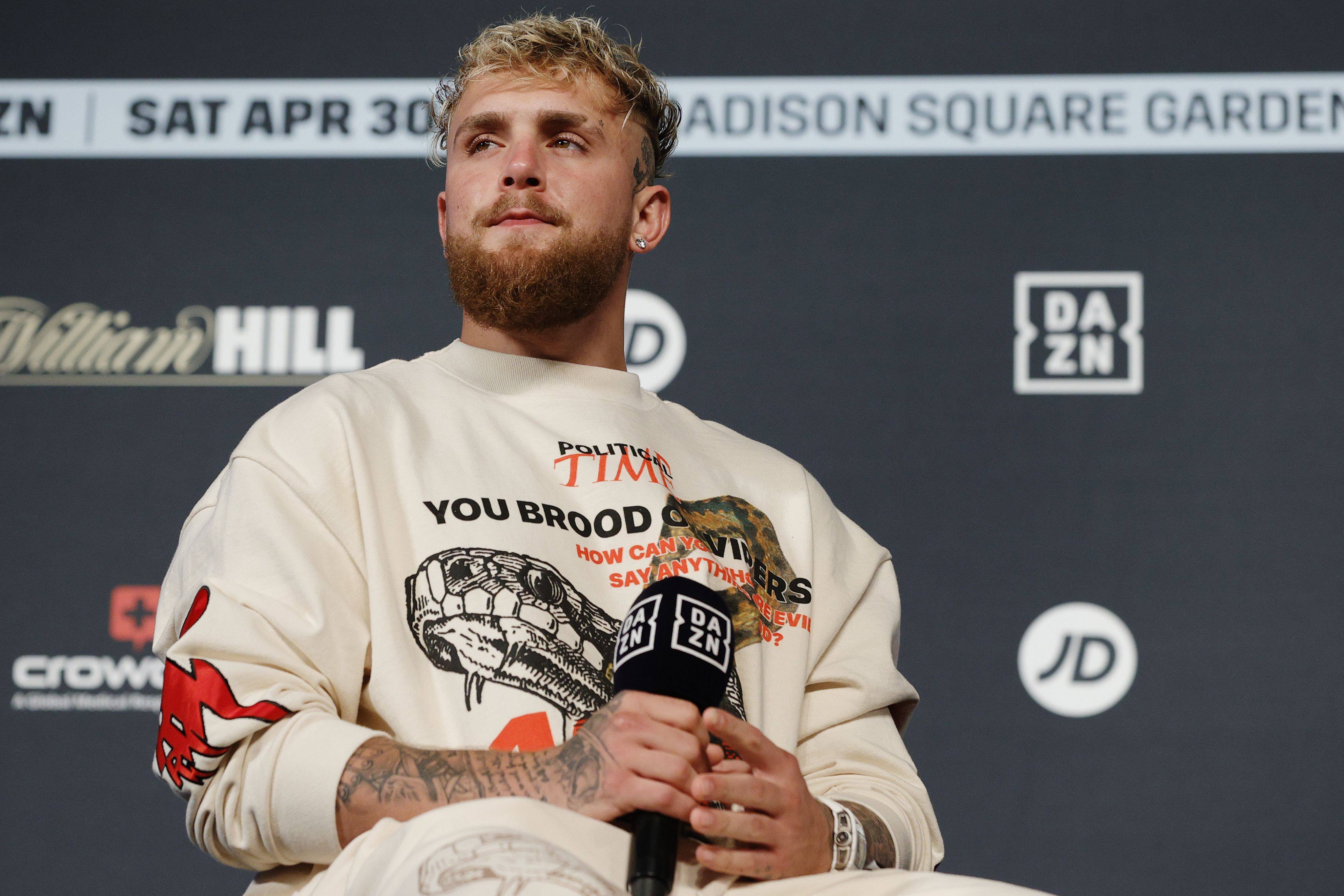 Most Valuable Promotions founder Jake Paul looks on during the weigh-in for Katie Taylor and Amanda Serrano at Madison Square Garden. Photo: AFP