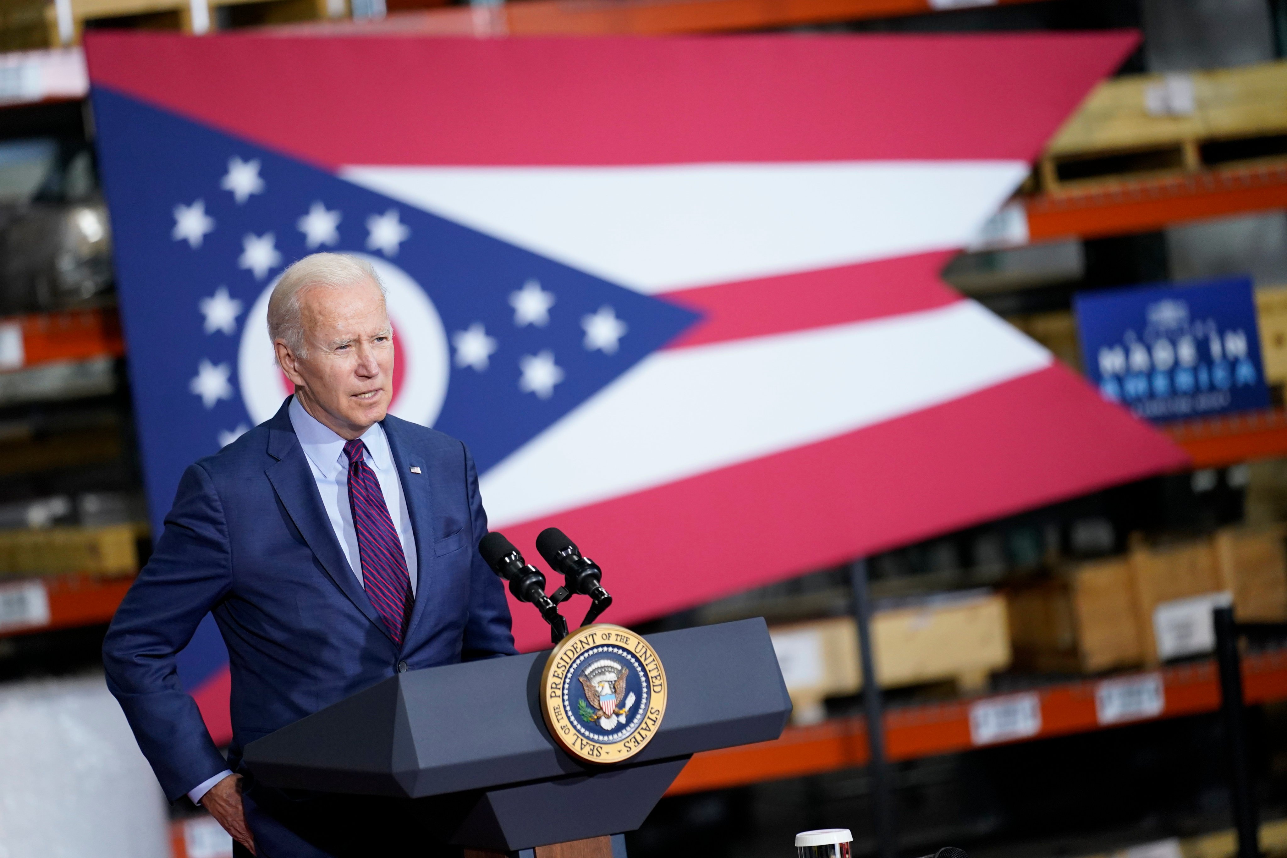 US President Joe Biden speaks at United Performance Metals in Hamilton, Ohio on Friday. Biden touted his “additive manufacturing forward” initiative and reiterated calls to Congress to pass China-related legislation. Photo: AP 
