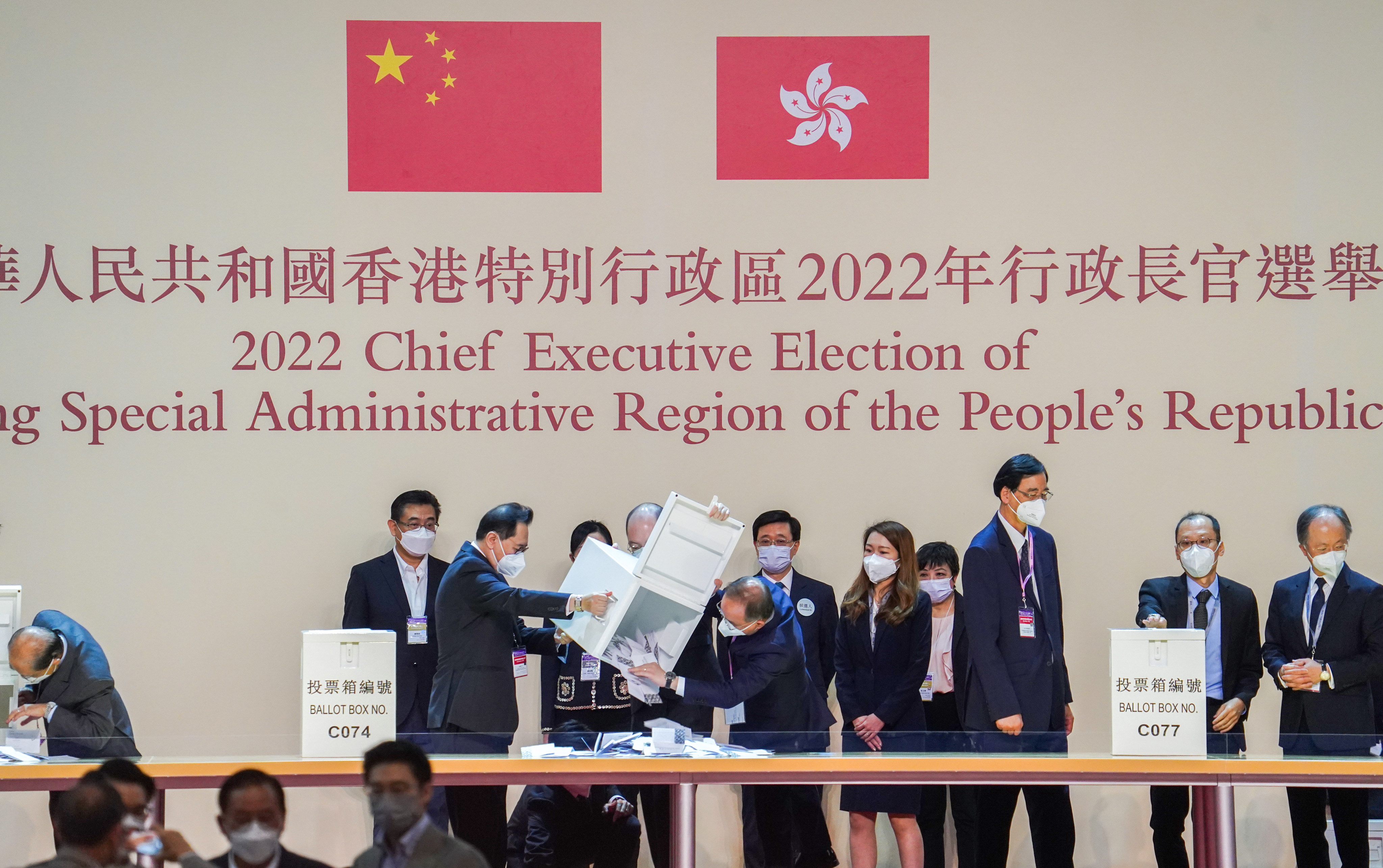 Votes are talliied at the Hong Kong Convention and Exhibition Centre on Sunday. Photo: Sam Tsang