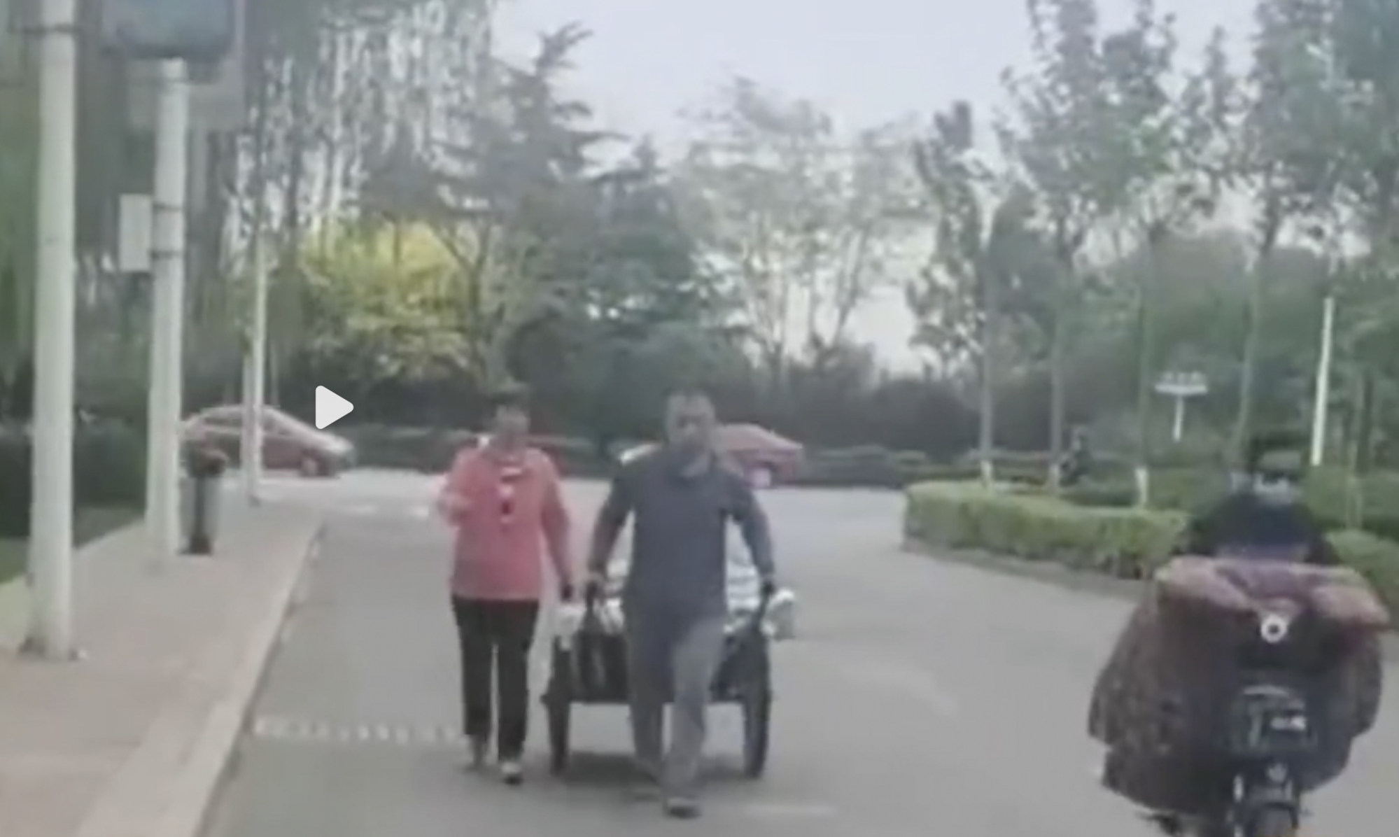 Two brothers decided a hand-pull cart was the best way to help their mother get home. Photo: Weibo