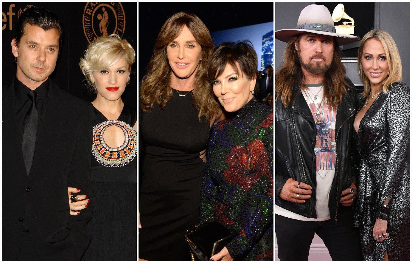 Gavin Rossdale and Gwen Stefani, Kris Jenner and Caitlyn Jenner, Tish Cyrus and Billy Ray Cyrus … Showbiz isn’t always glamorous, especially in the case of divorce. Photos: AP; Wire Image; Getty Images