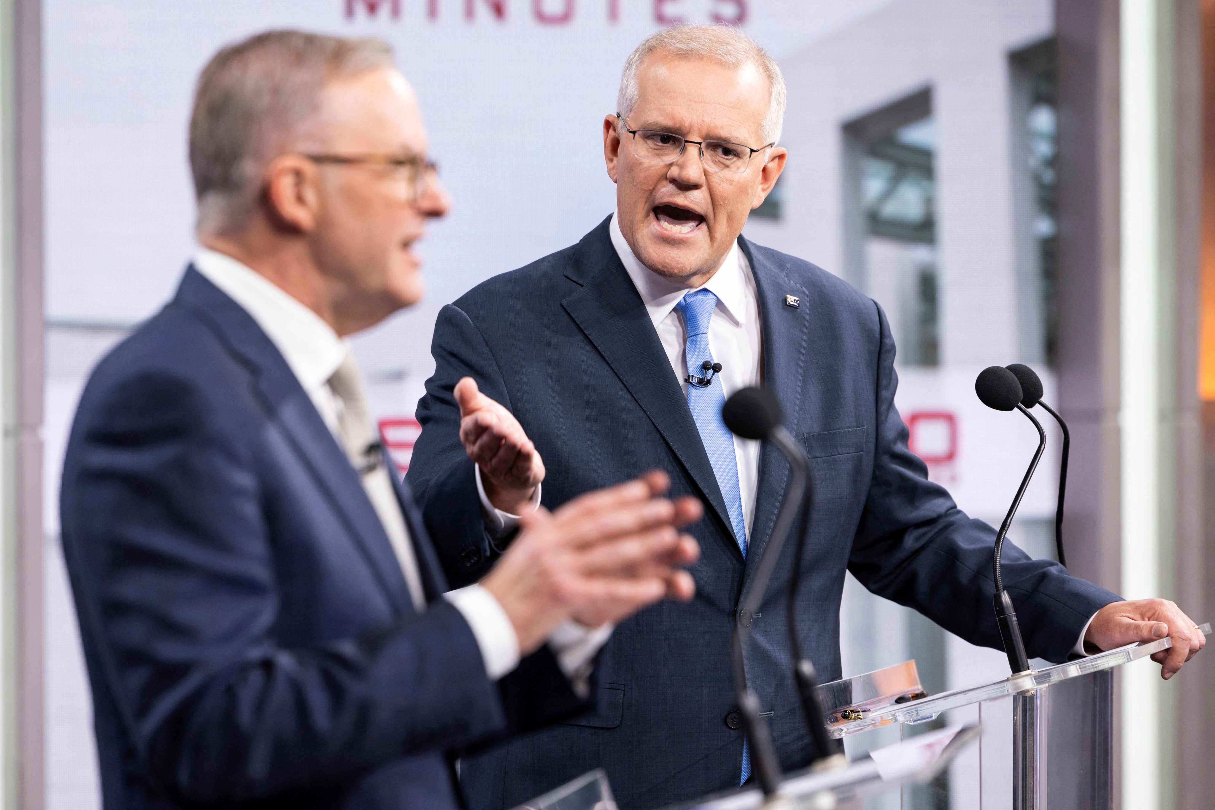 Australian PM Scott Morrison and Opposition Leader Anthony Albanese at the second leaders’ debate on May 8, 2022. Photo: Reuters
