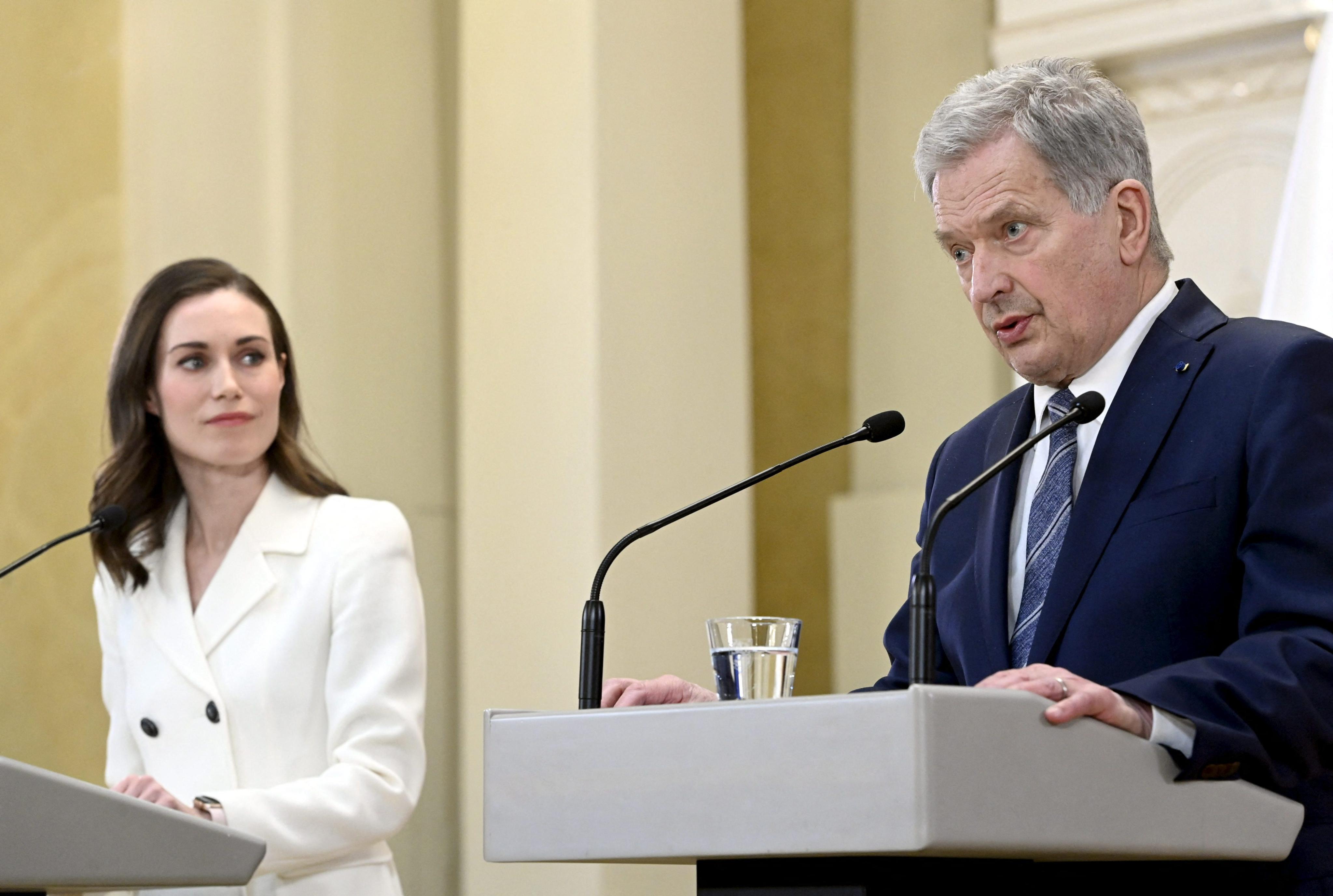 Finland’s President Sauli Niinistö, right, and Prime Minister Sanna Marin at a press conference to announce that Finland will apply for Nato membership. Photo: AFP