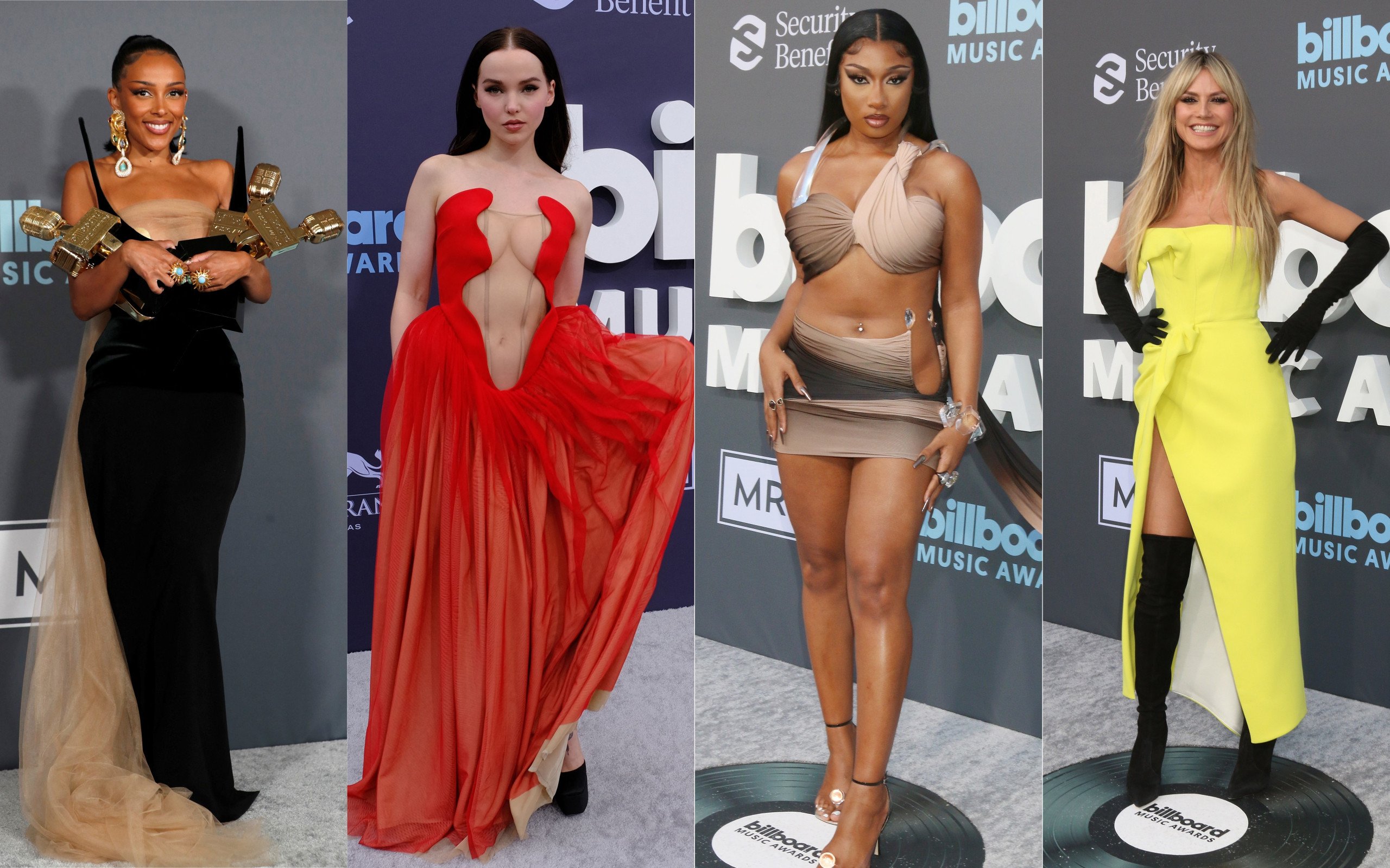 Doja Cat (far left) deserves an award for her Billboard Music Awards look, but Dove Cameron and Megan Thee Stallion made our worst dressed list. And what about Heidi Klum’s screaming yellow (far right)? Photos: Wires