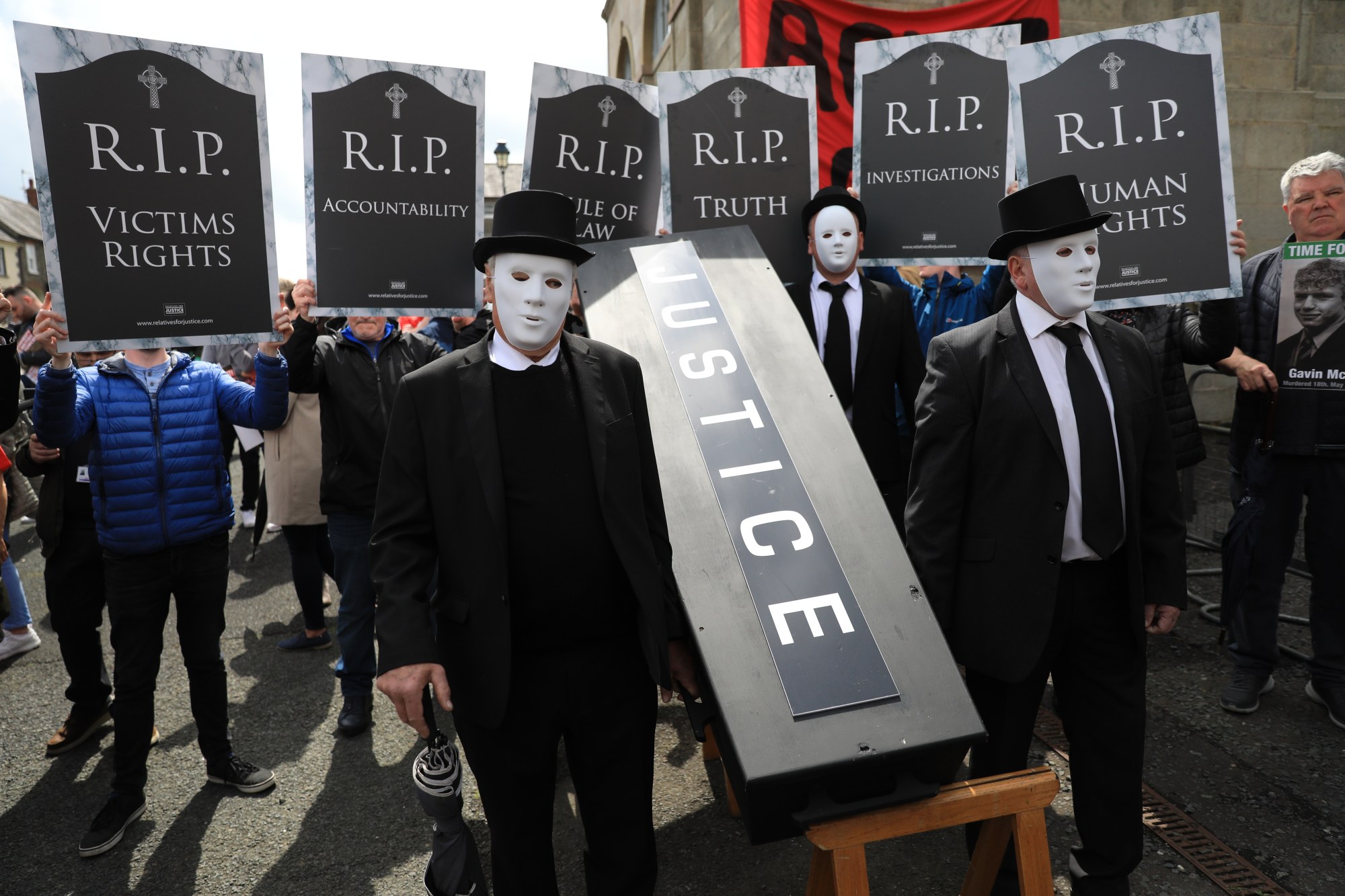 Demonstrators protest outside Hillsborough Castle in Northern Ireland on Monday, ahead of a visit by British Prime Minister Boris Johnson. Photo: AP