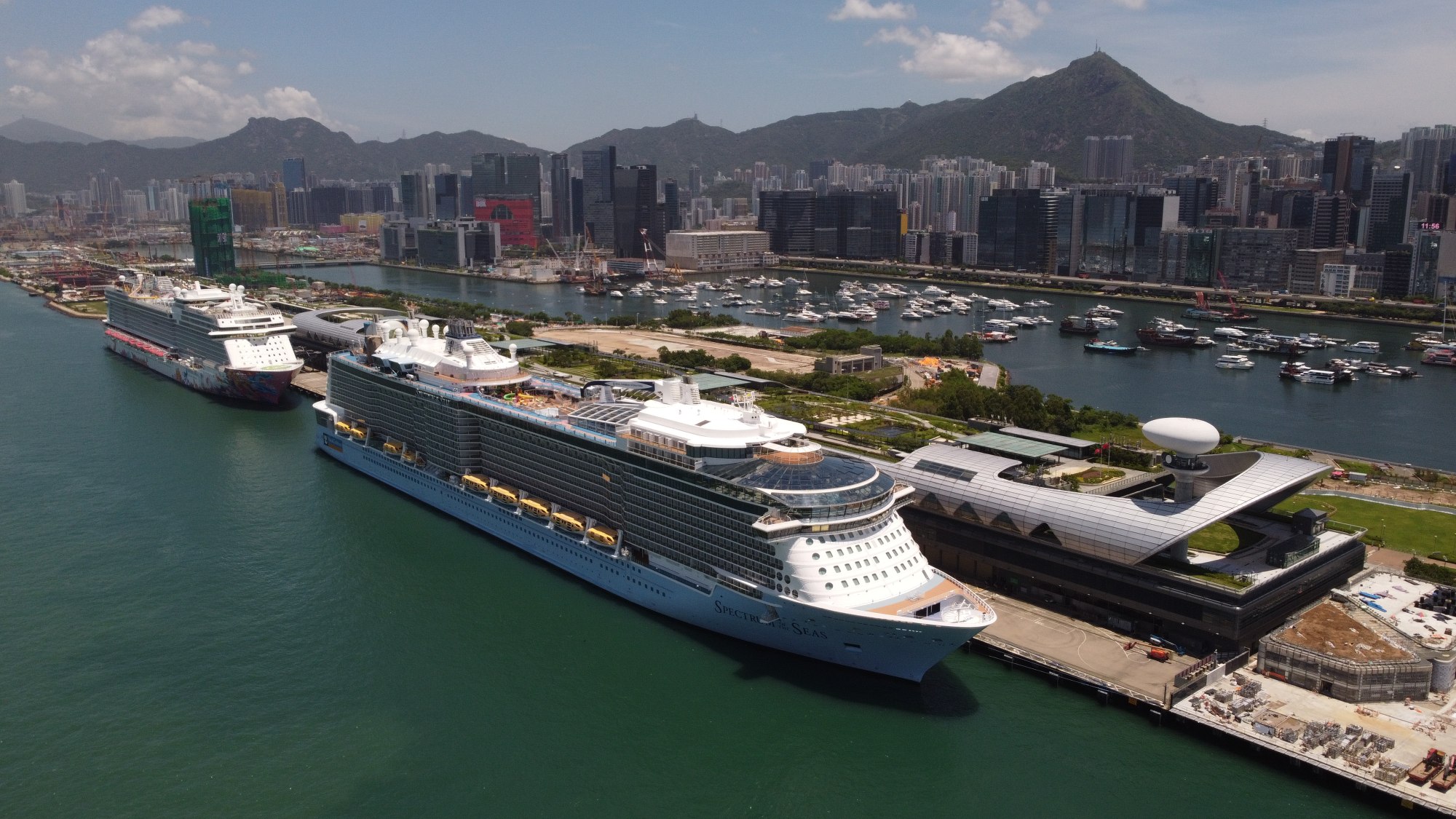 Spectrum of the Seas (right) and Genting Dream at Kai Tak Cruise Terminal in July 2021. Photo: Martin Chan