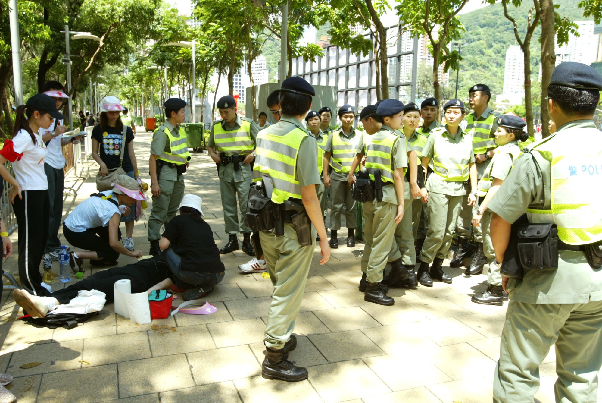 Police in Victoria Park ahead of the march on July 1, 2003. Photo: Edward Wong