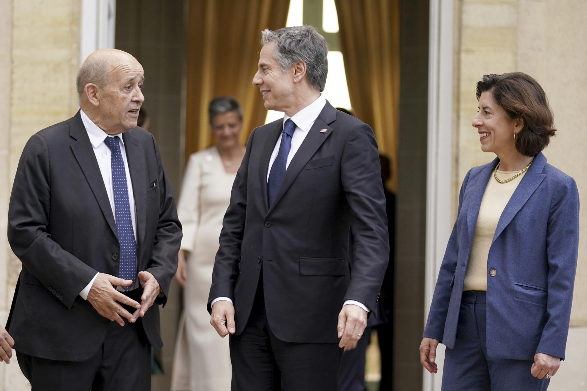 US Secretary of State Antony Blinken (centre) and Commerce Secretary Gina Raimondo speak with French Foreign Minister Jean-Yves Le Drian before Trade and Technology Council talks in Paris on Sunday. Photo: AP