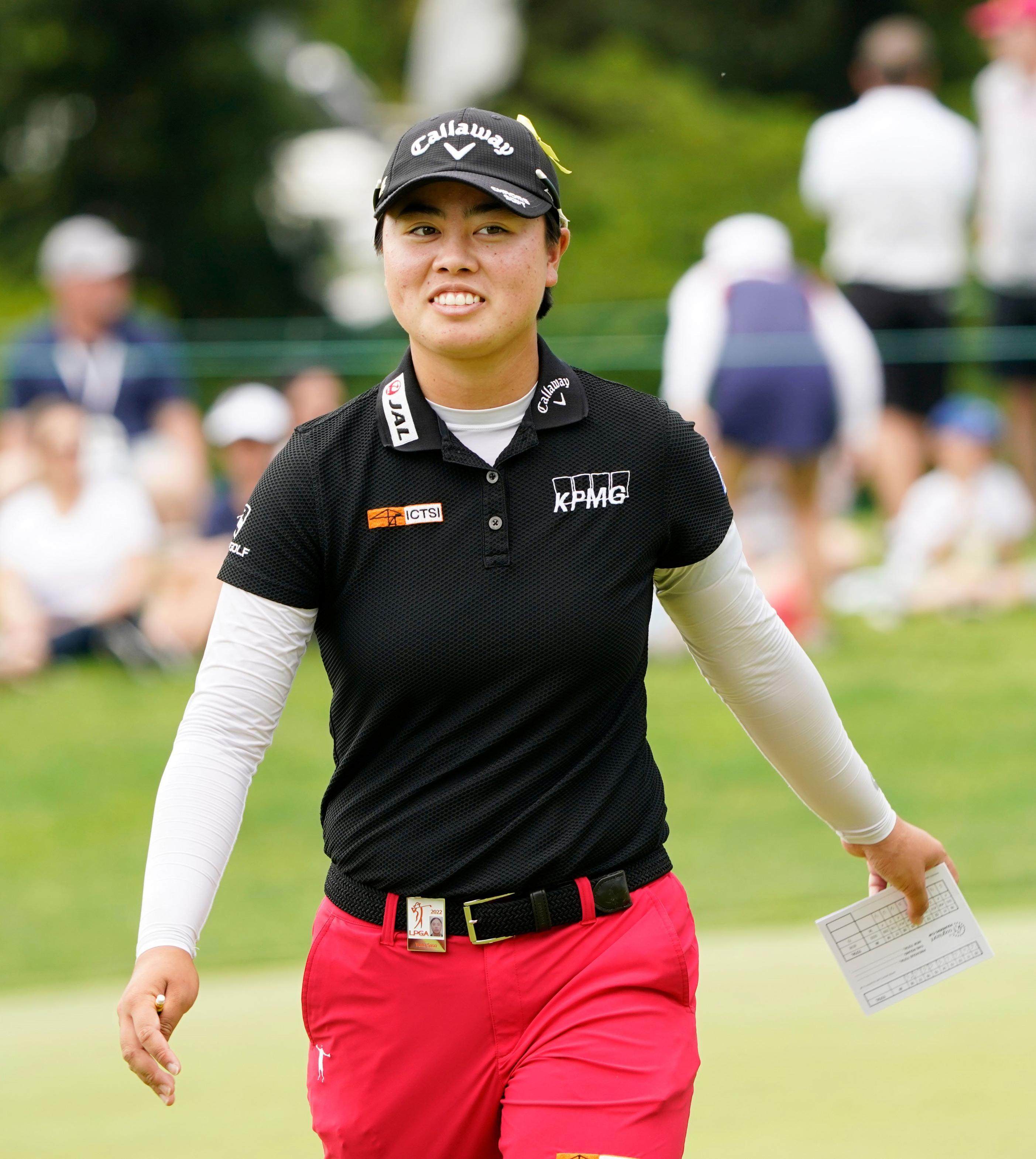 Yuka Saso is all smiles after completing the final round of the Founders Cup on May 15. Photo: Kyodo