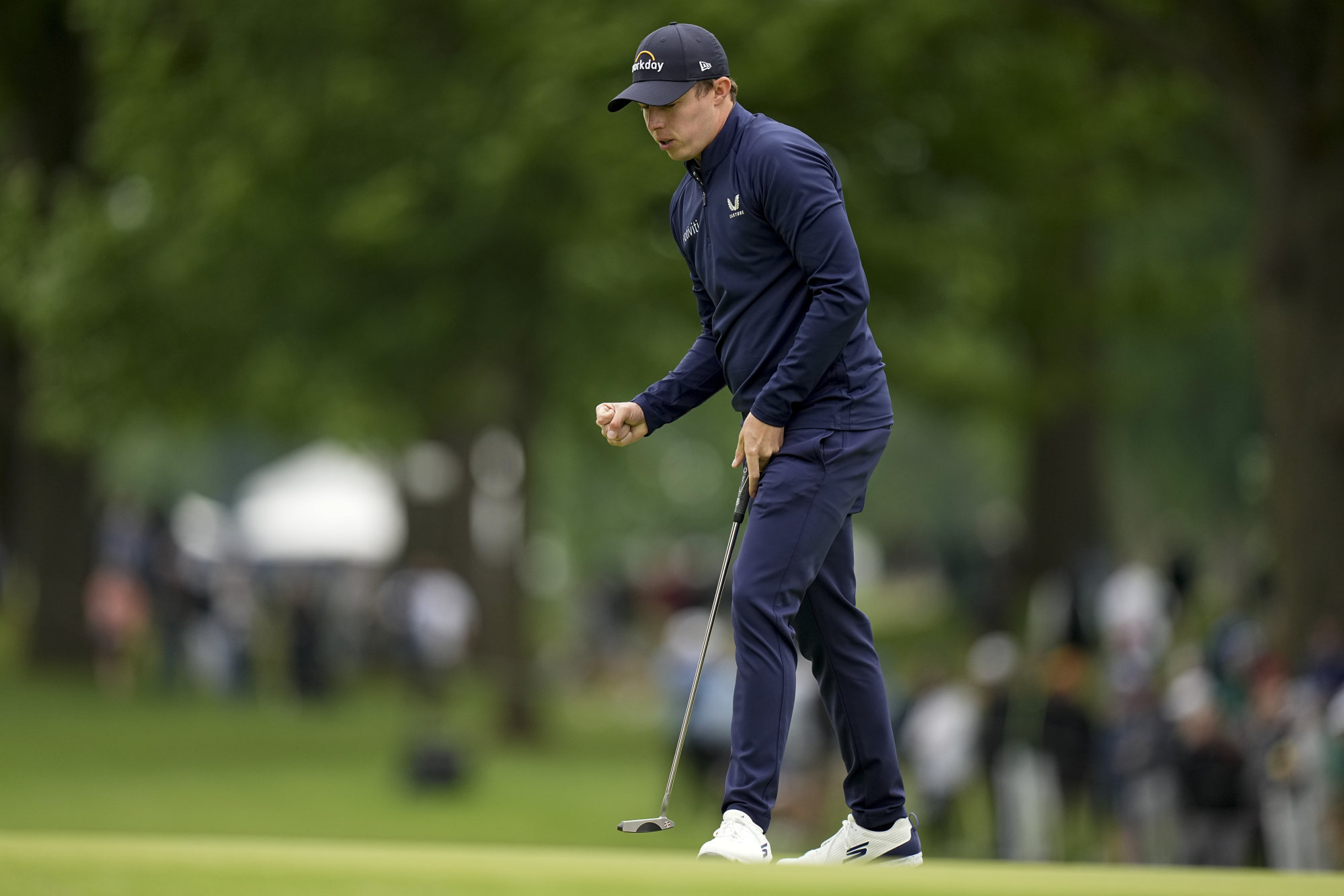 Matt Fitzpatrick celebrates after putting for birdie on 6 at Southern Hills Country Club. Photo: AP
