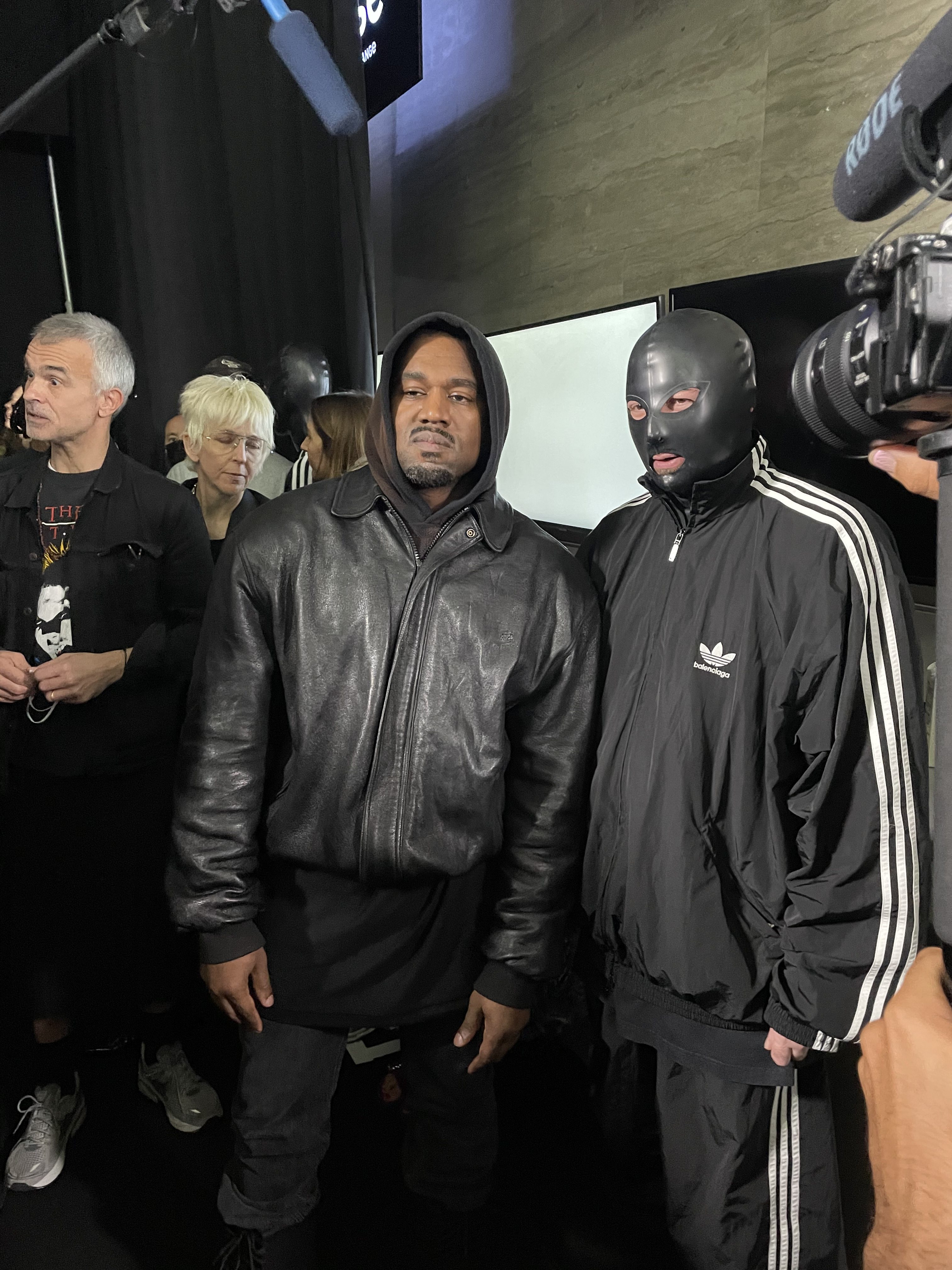 Kanye West and a masked Demna Gvasalia at the Balenciaga spring 2023 fashion show at the Stock Exchange in New York on May 22, 2022. Photo: Vincenzo La Torre