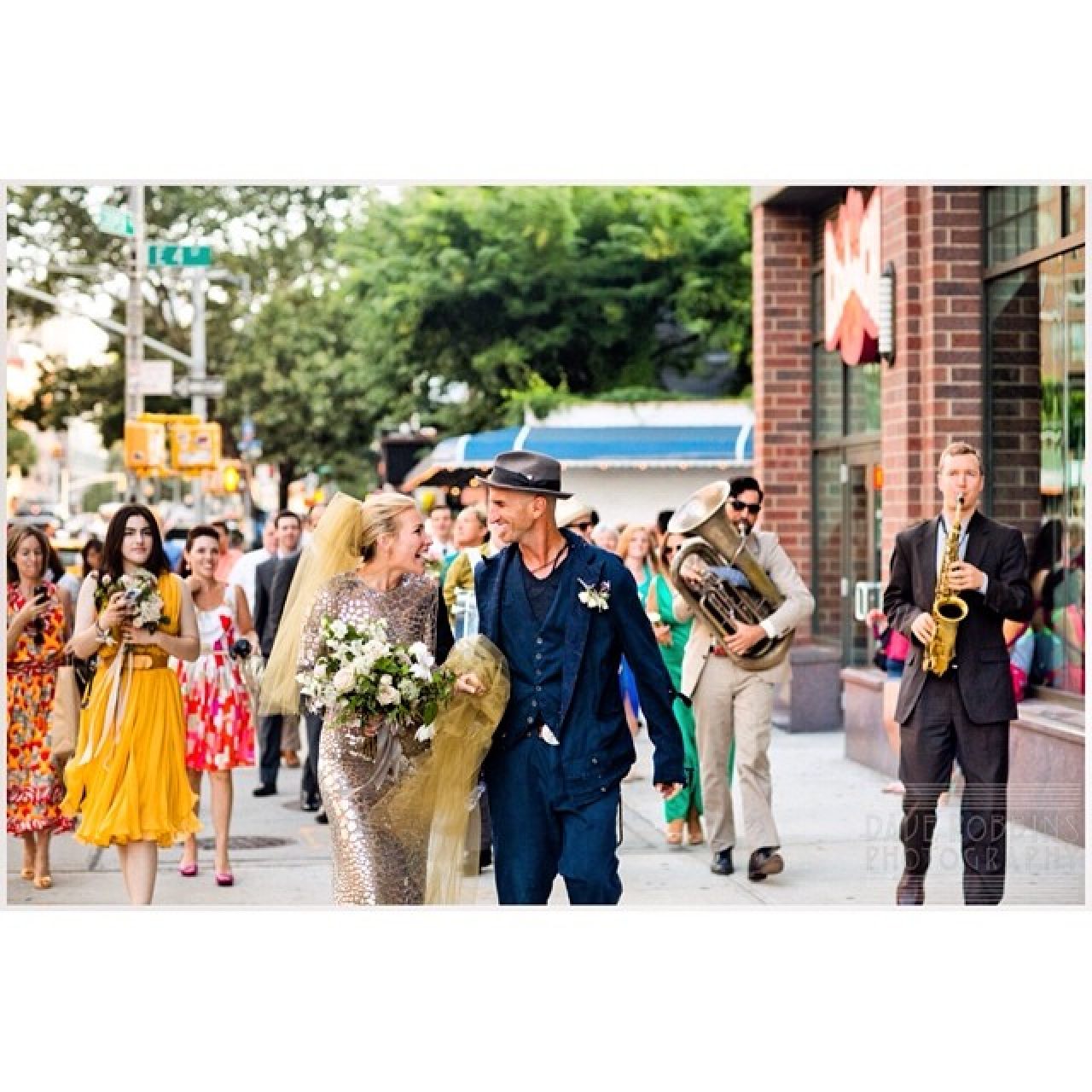 Shimmery, silver, patterned, paired with a yellow veil – not what you’d expect from a wedding outfit, but Piper Perabo rocked it. Photo: @daverobbinsphotography/Instagram