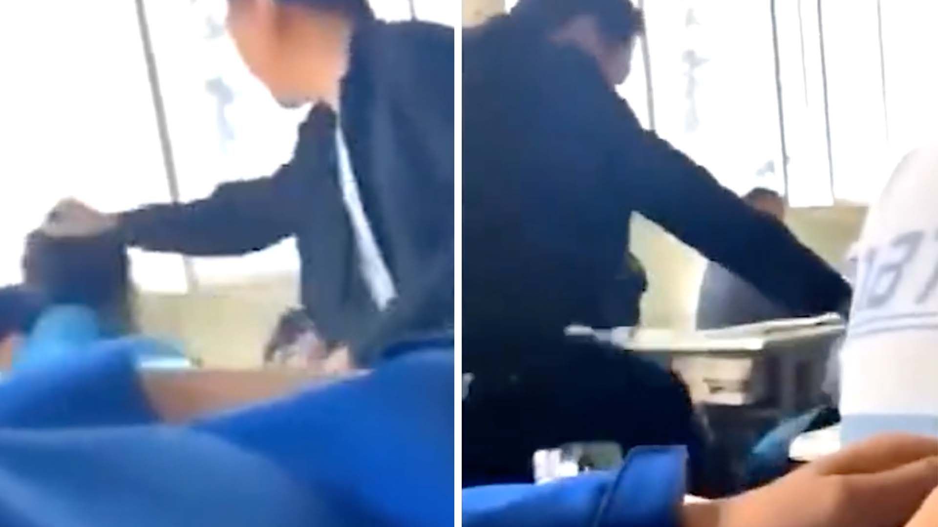 A teacher in China is caught on video violently beating a student who dozed off in class. Photo: SCMP Artwork