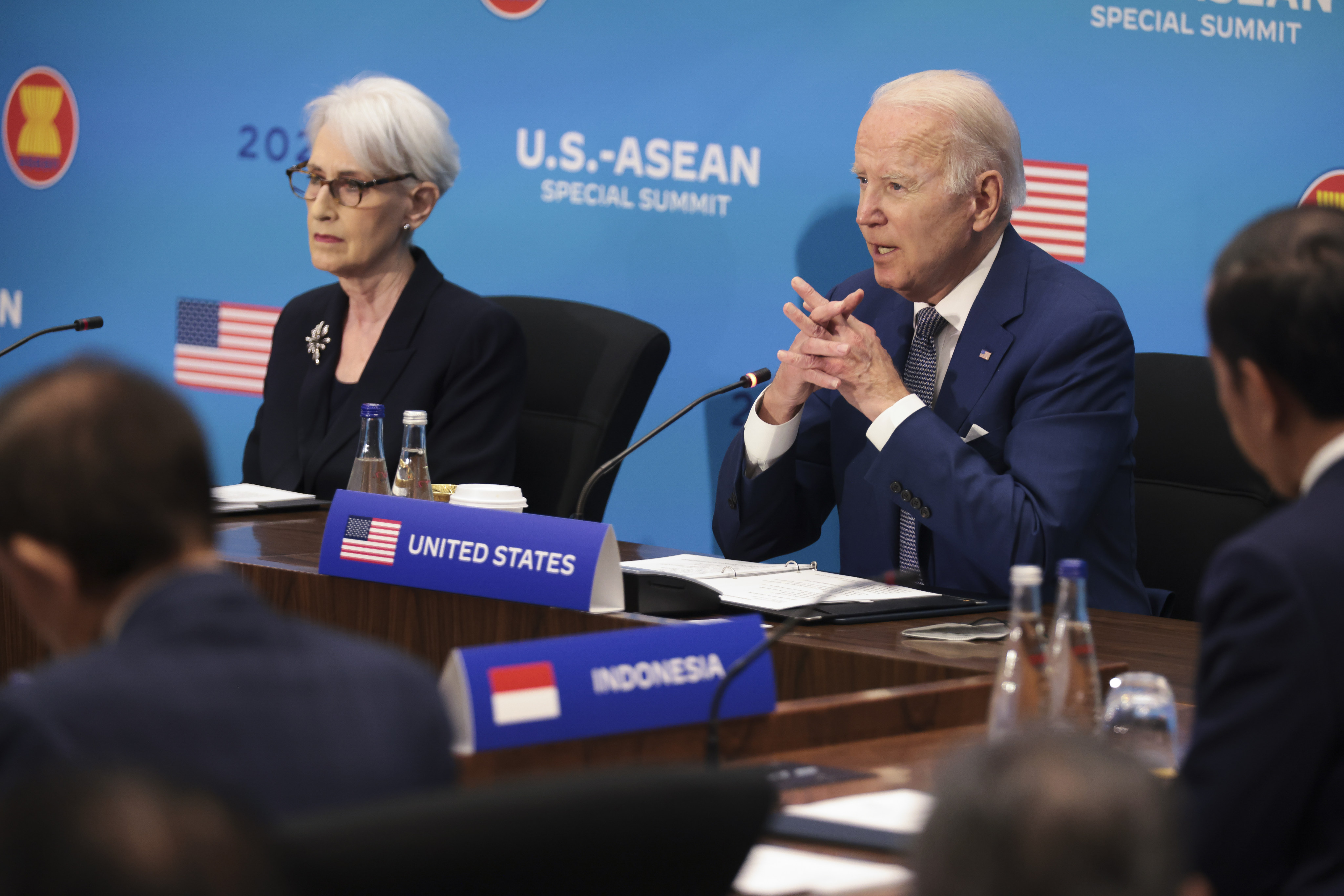 US President Joe Biden (right) and Wendy Sherman, US deputy secretary of state, at the US-Asean special summit in Washington on May 13. Photo: Bloomberg