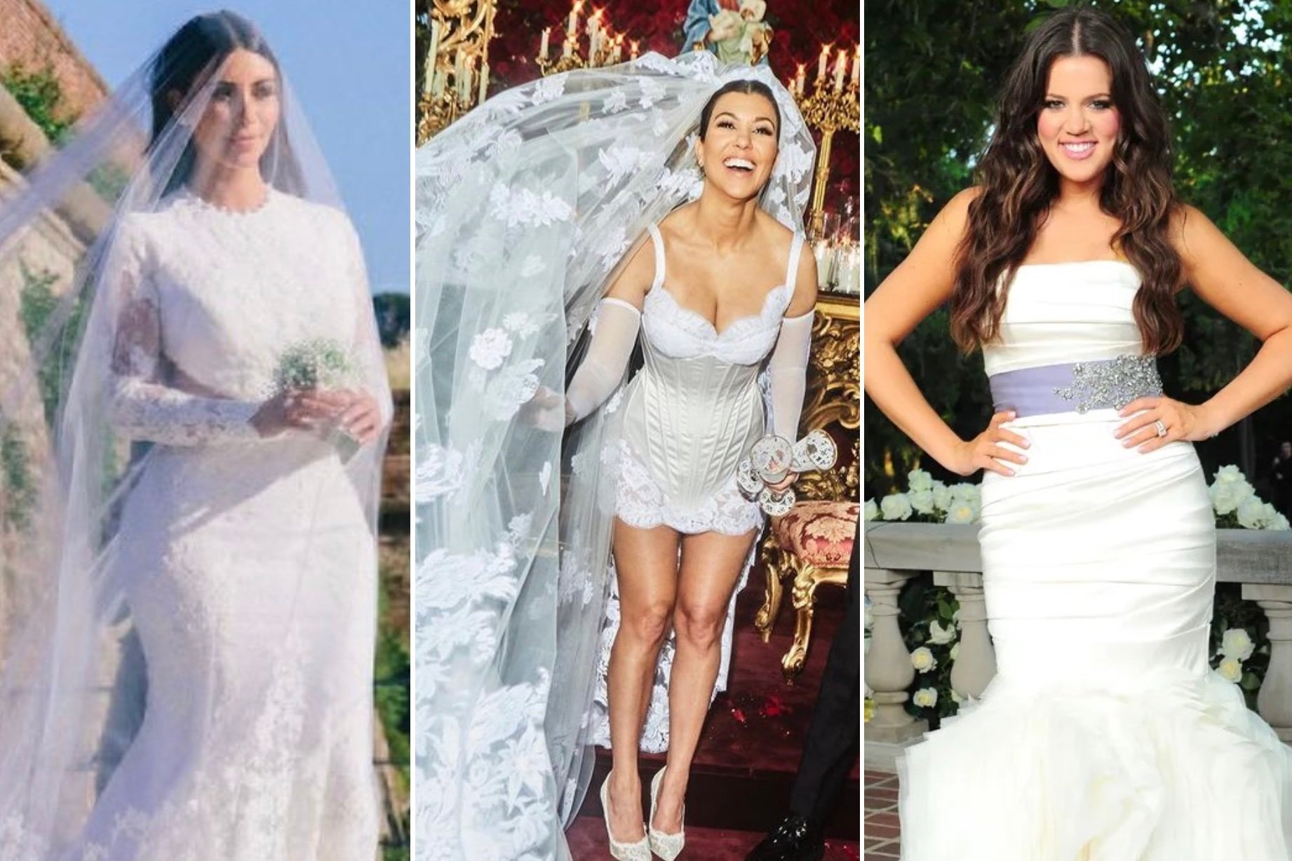 Which Kardashian had the best wedding dress – Kim, Kourtney or Khloé Kardashian? Photos: @kimkardashian, @kourtneykardash, @jaynesbridalwearlincoln/Instagram
