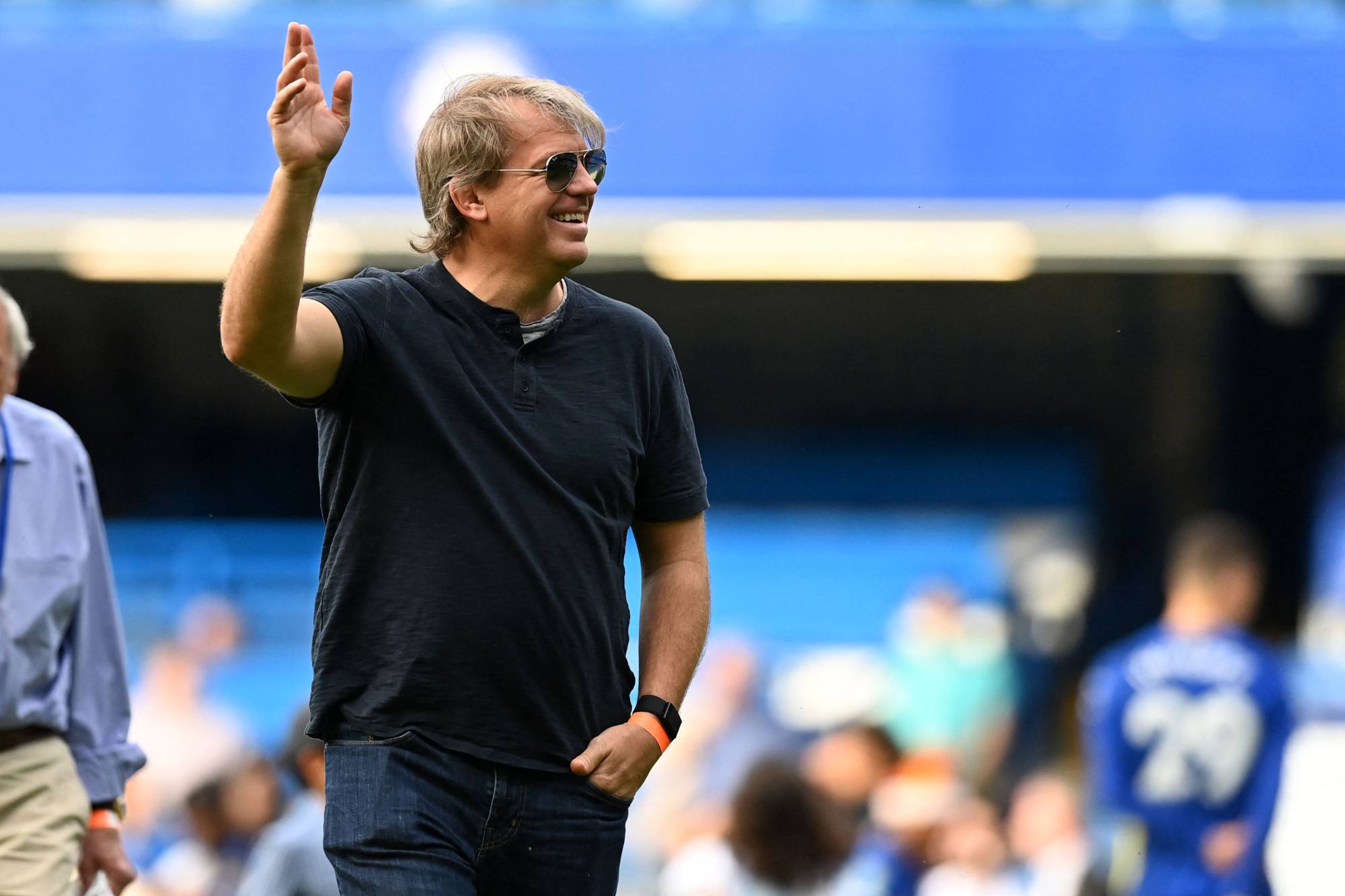 Todd Boehly joined the Chelsea players’ lap of honour on the final day of the English Premier League season on Sunday. Photo: AFP