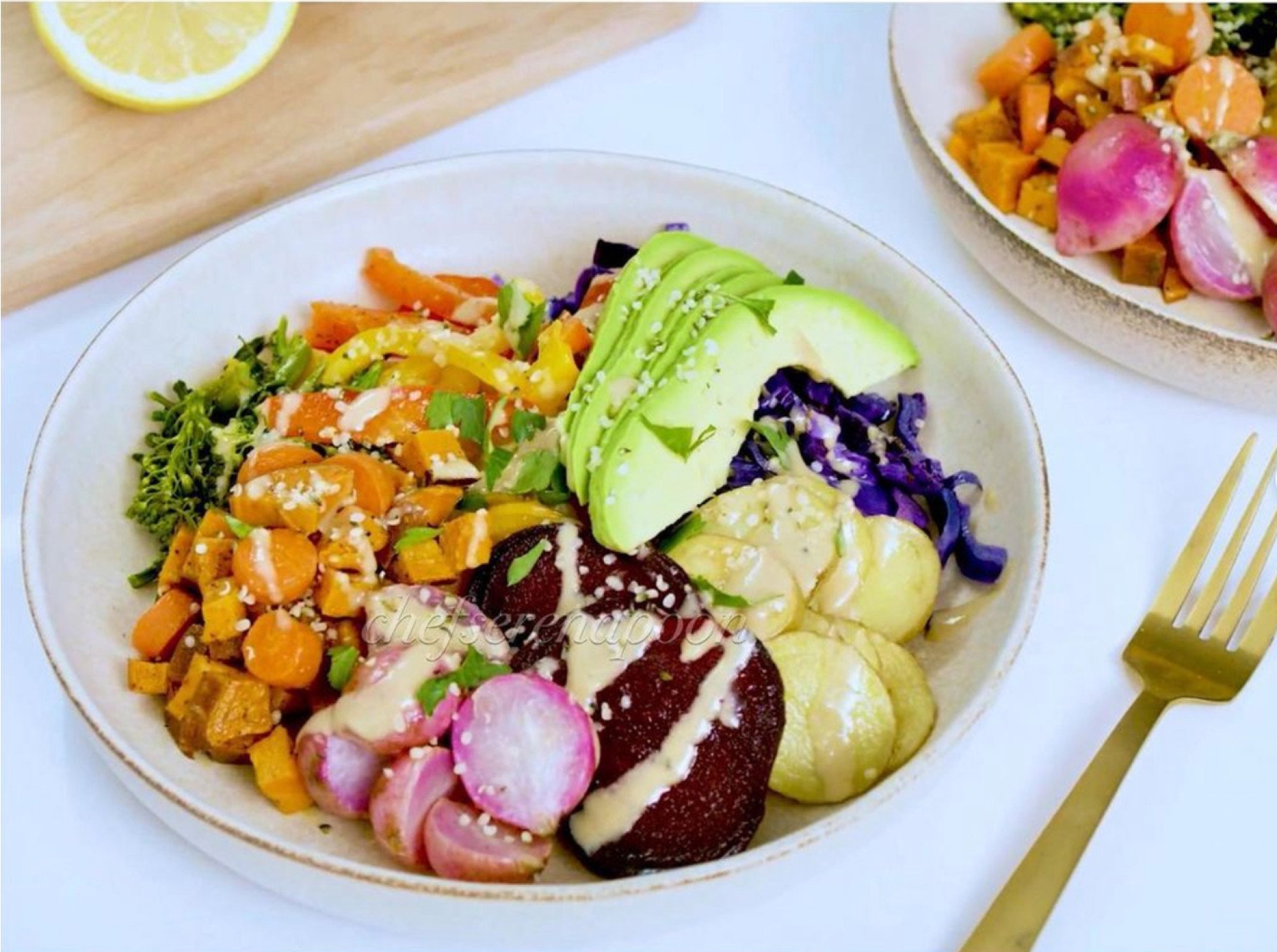 Serena Poon’s roasted rainbow chakra bowl contains ingredients that Poon says support all the chakras. The ingredients are high in beta-carotene and iron to support reproductive health and organs. Photo: Instagram