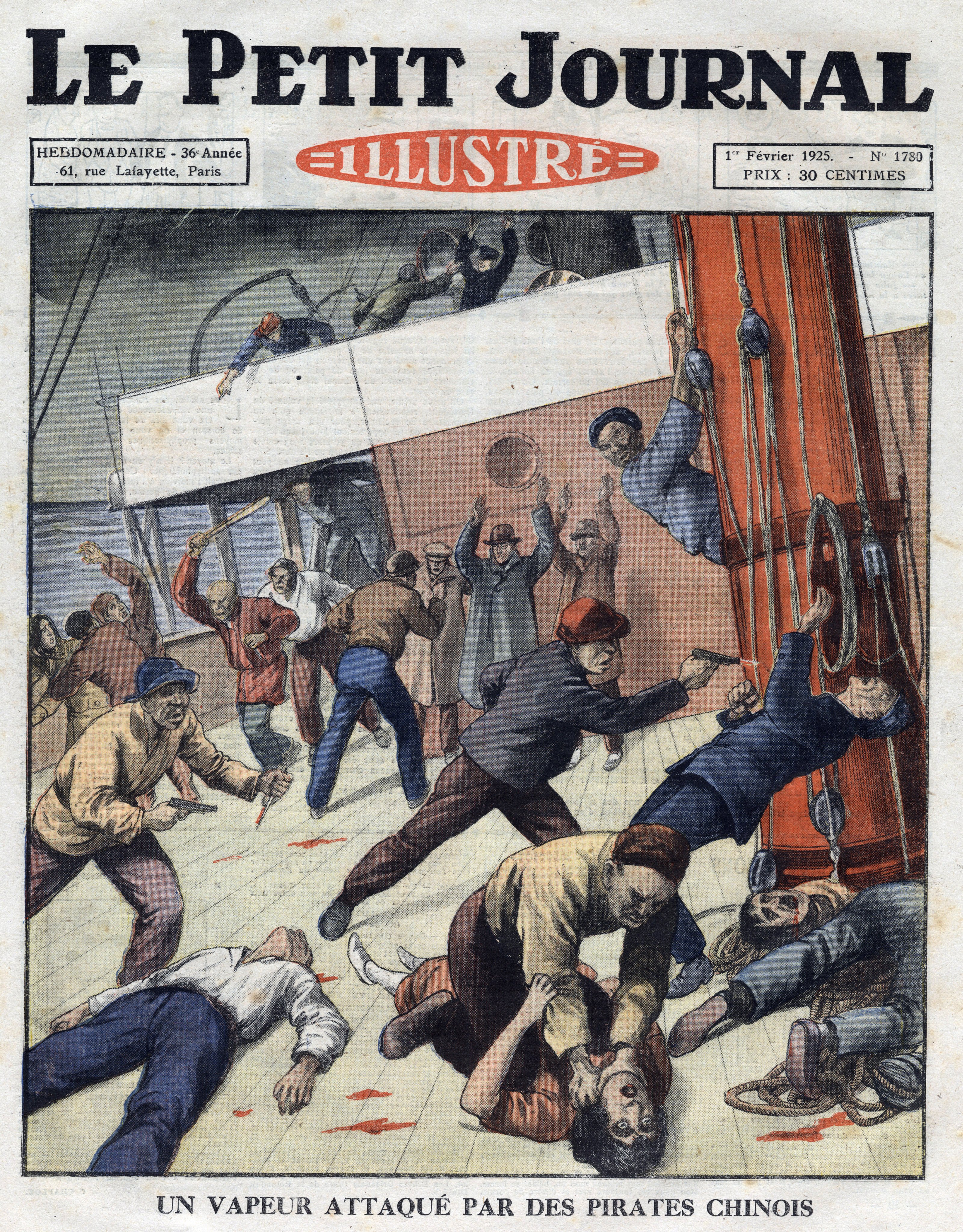 Attack on a British passenger steamer by Chinese pirates, in the South China Sea, Frontpage of French newspaper Le petit journal, February 1st, 1925, Private Collection (Photo by Leemage/Universal Images Group via Getty Images)&#xA;&#xA;CREDIT: Getty Images