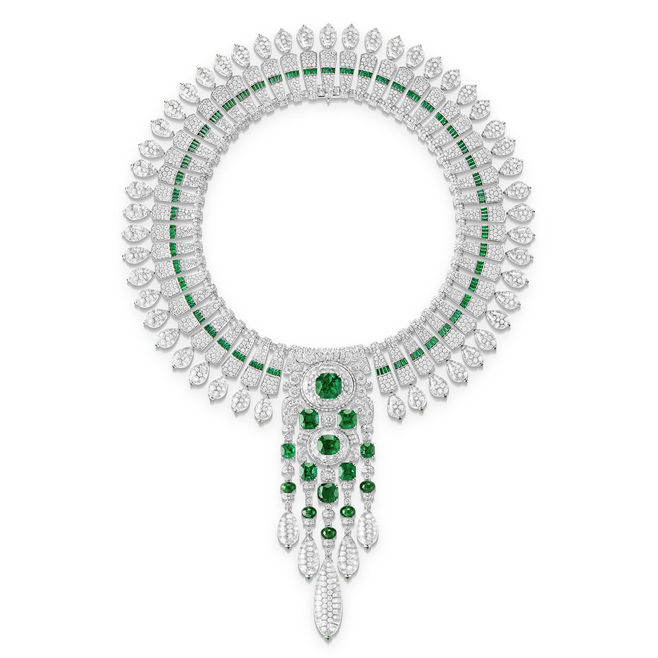 Boucheron’s New Maharajah necklace with emeralds, diamonds and rock crystal in platinum and white gold. Photo: Boucheron